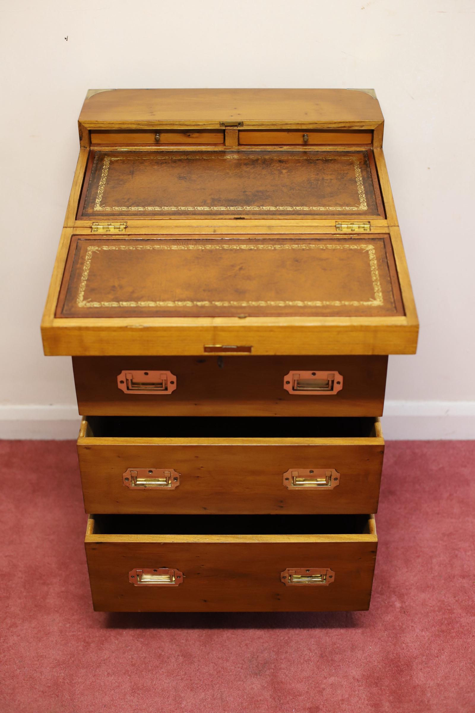 Hand-Crafted Beautiful Yew And Brass Military Secretary Campaign Chest Writing Table  For Sale