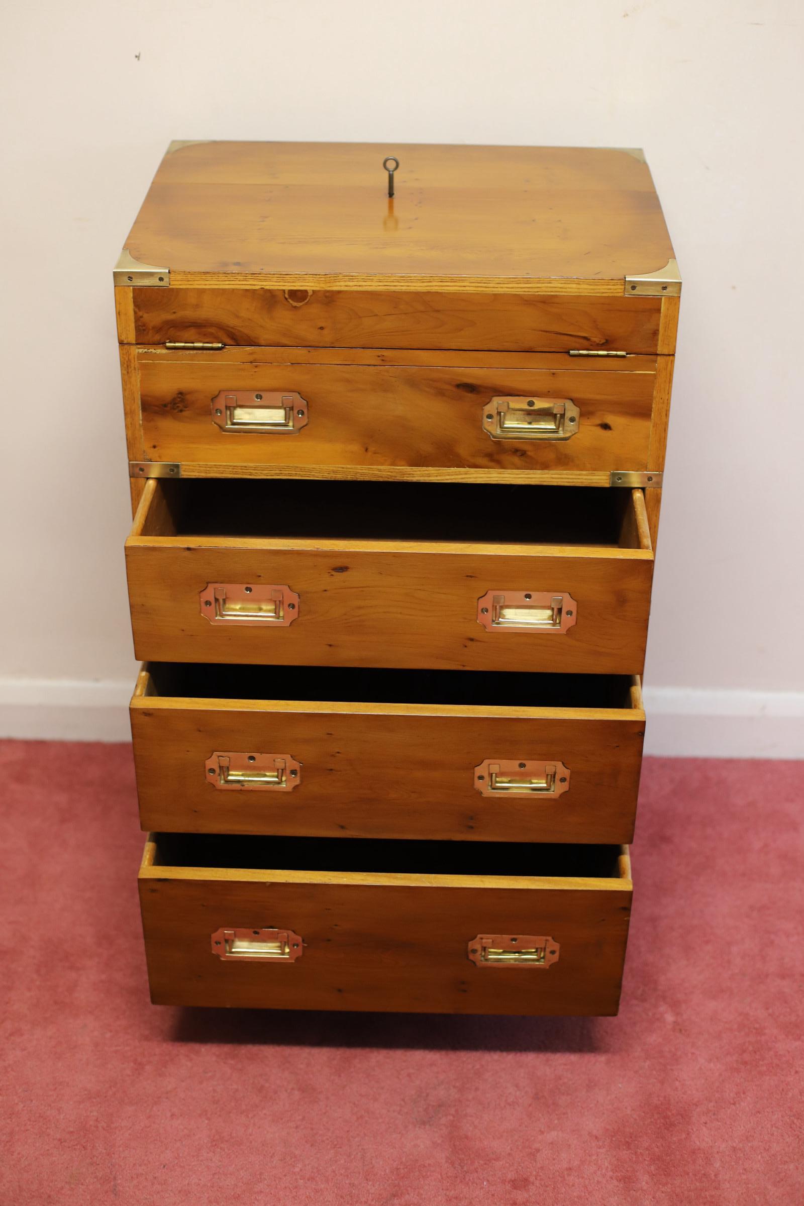 Beautiful Yew And Brass Military Secretary Campaign Chest Writing Table  In Good Condition For Sale In Crawley, GB
