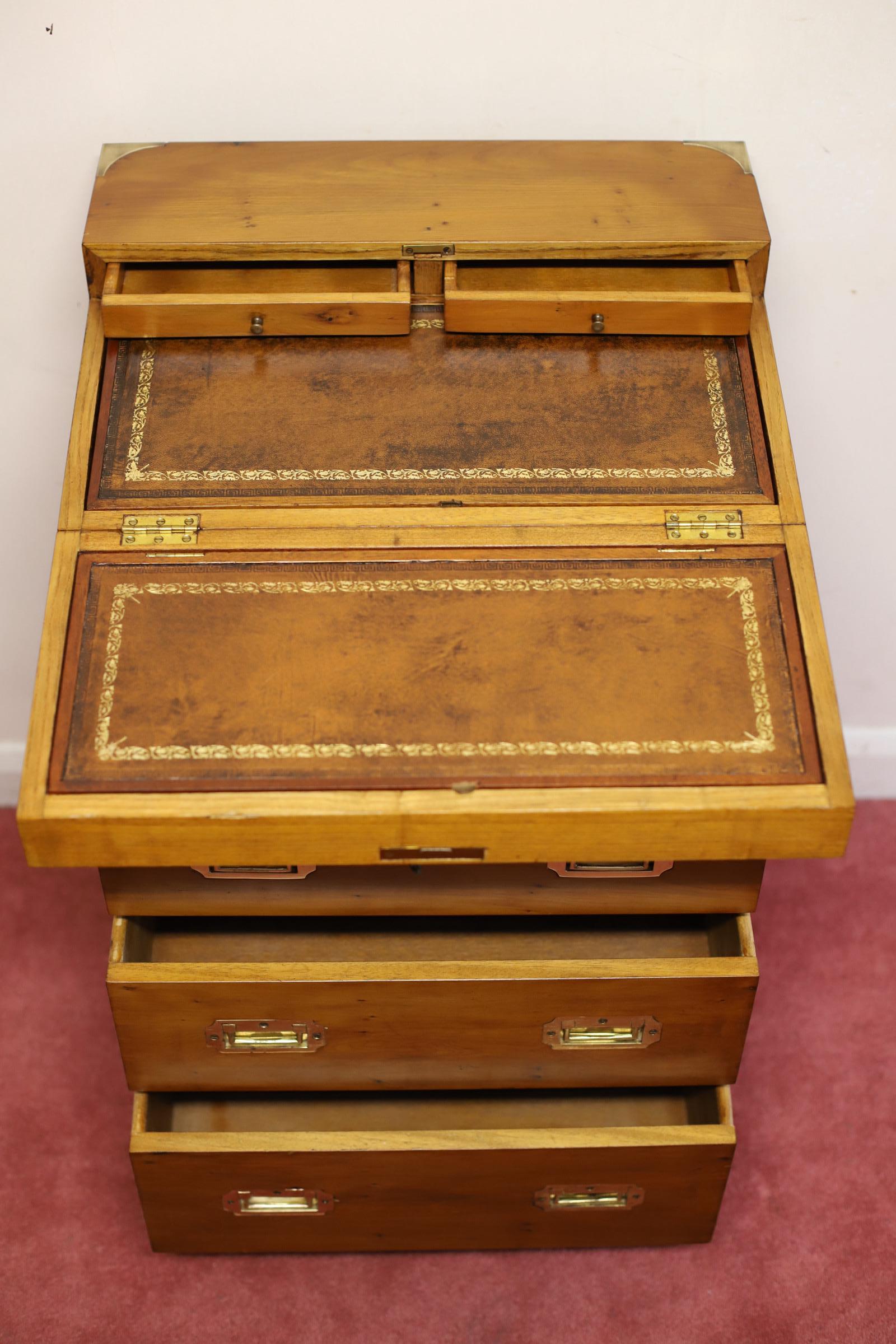 20th Century Beautiful Yew And Brass Military Secretary Campaign Chest Writing Table  For Sale