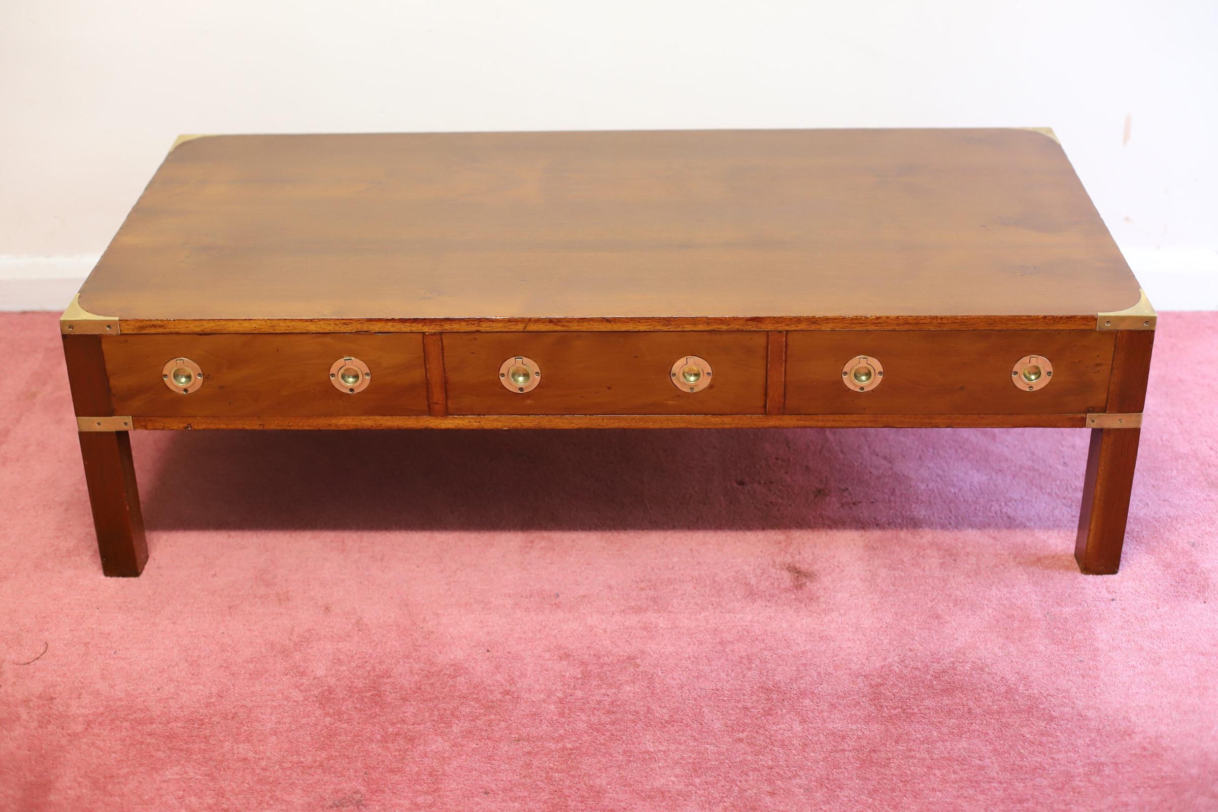 Beautiful Yew Wood And Brass Military Campaign Coffee Table  5