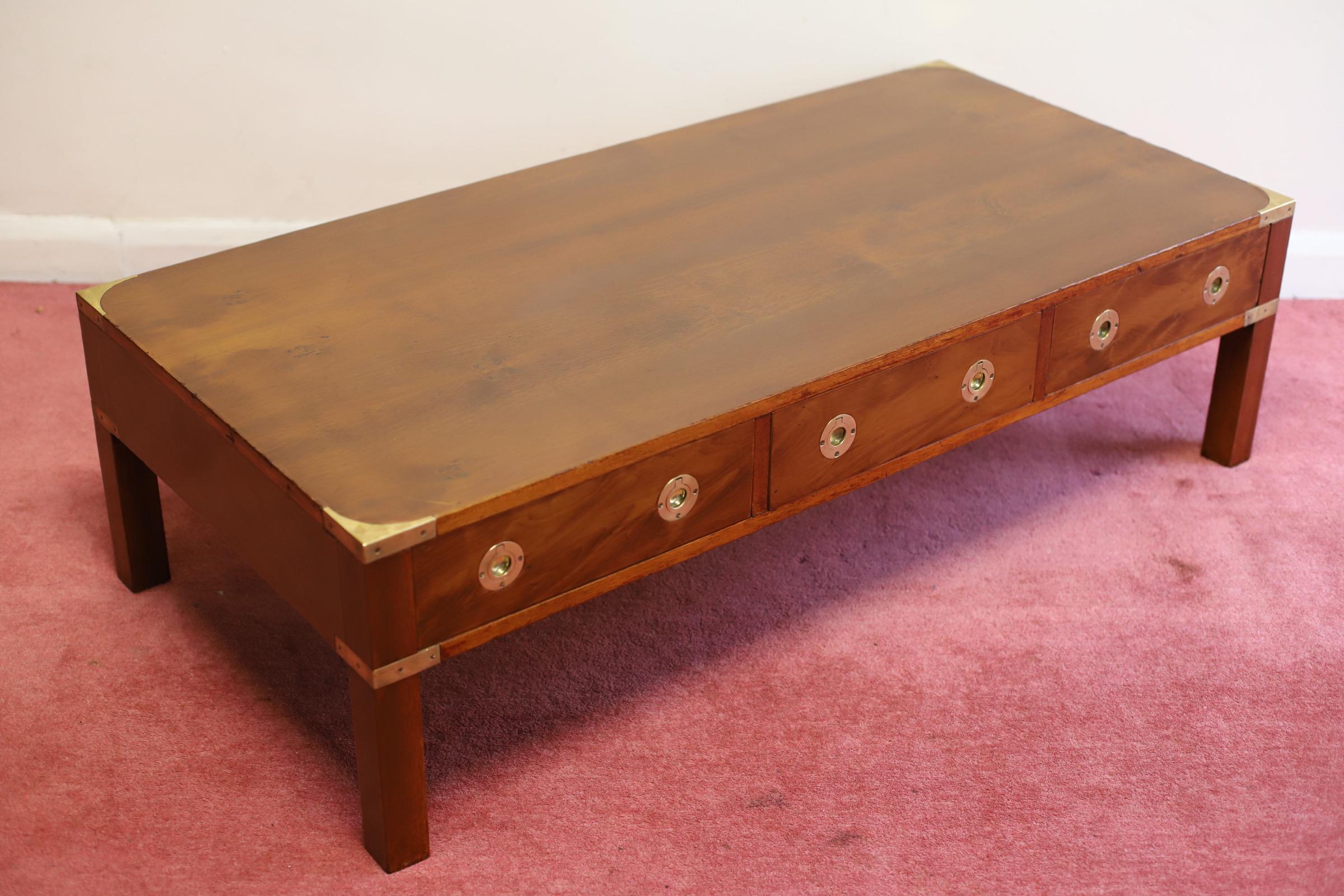 Beautiful Yew Wood And Brass Military Campaign Coffee Table  1