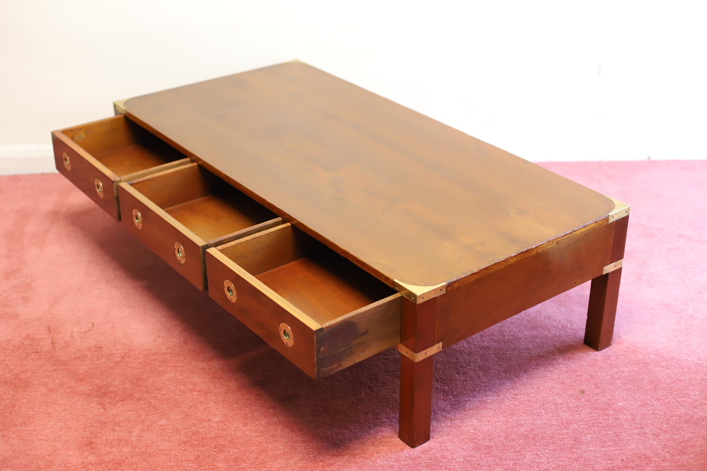 Beautiful Yew Wood And Brass Military Campaign Coffee Table  3