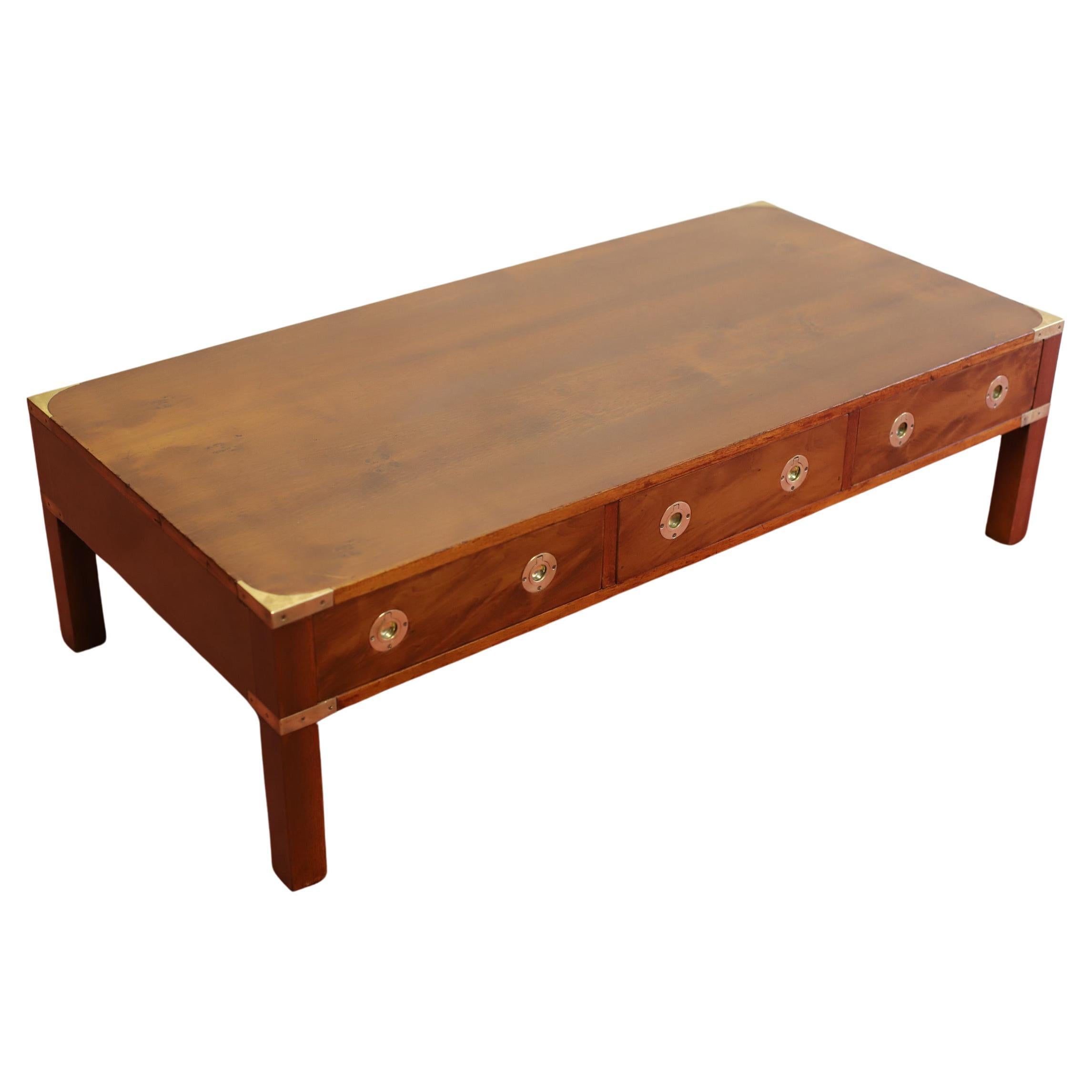 Beautiful Yew Wood And Brass Military Campaign Coffee Table 