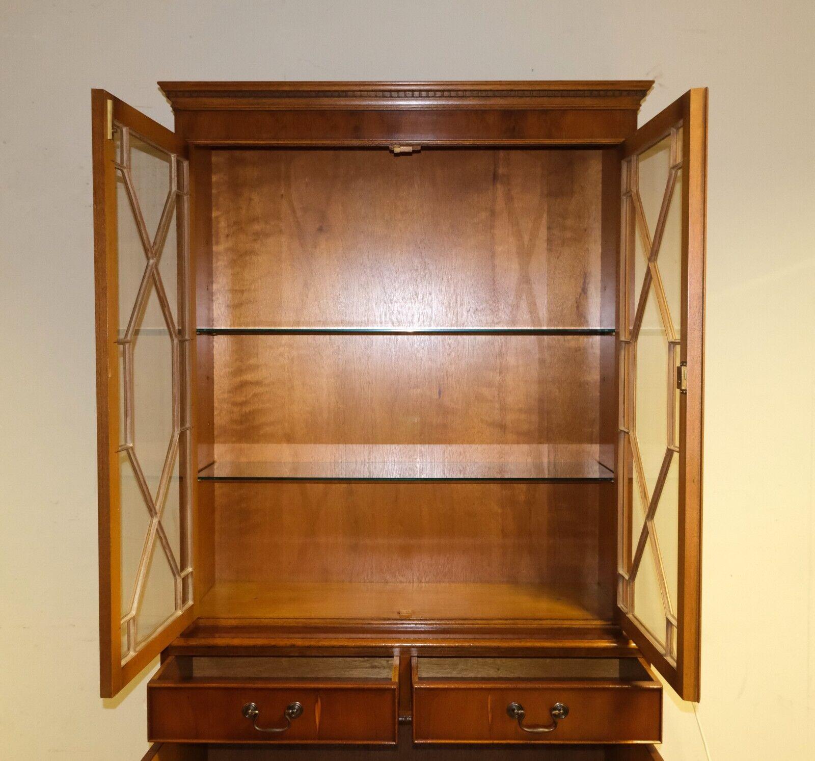 English Beautiful Yew Wood Display Cabinet with Lights & Adjustable Glass Shelves
