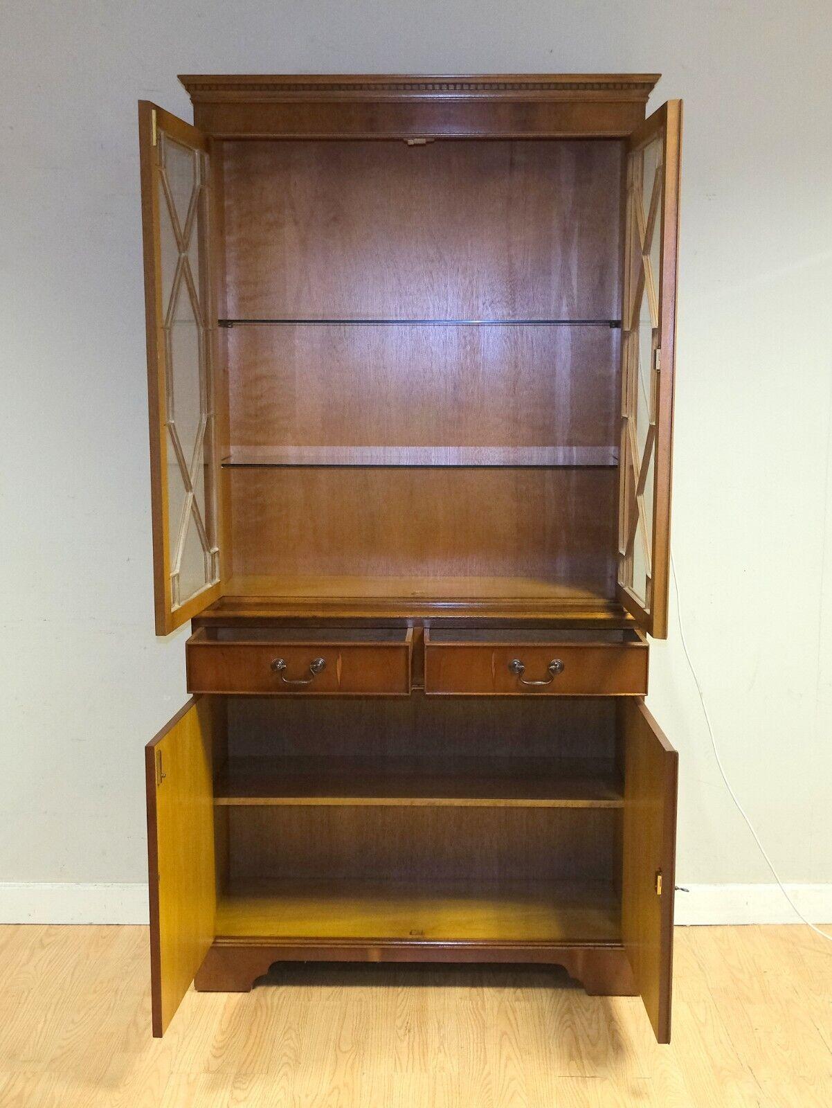 Hand-Crafted Beautiful Yew Wood Display Cabinet with Lights & Adjustable Glass Shelves