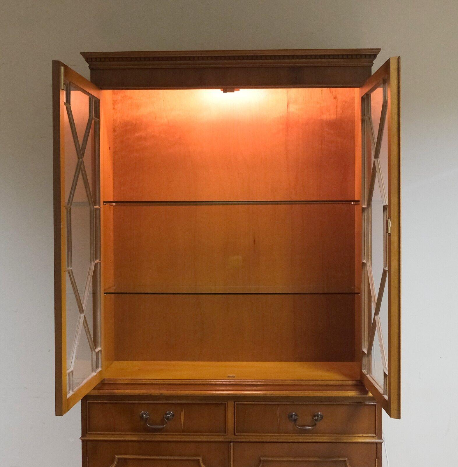 20th Century Beautiful Yew Wood Display Cabinet with Lights & Adjustable Glass Shelves