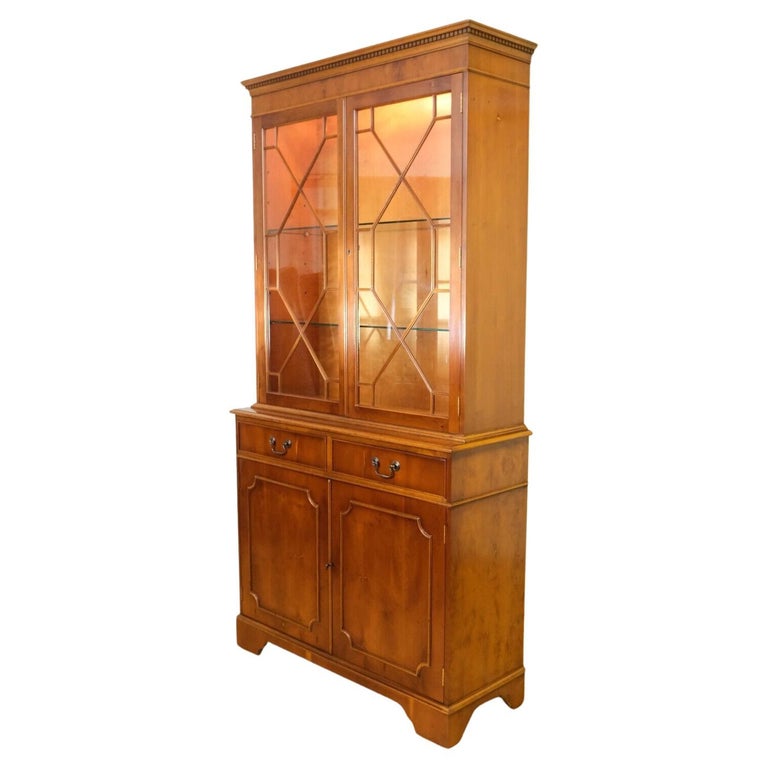 BEAUTIFUL YEW WOOD DiSPLAY WITH LIGHTS and ADJUSTABLE GLASS