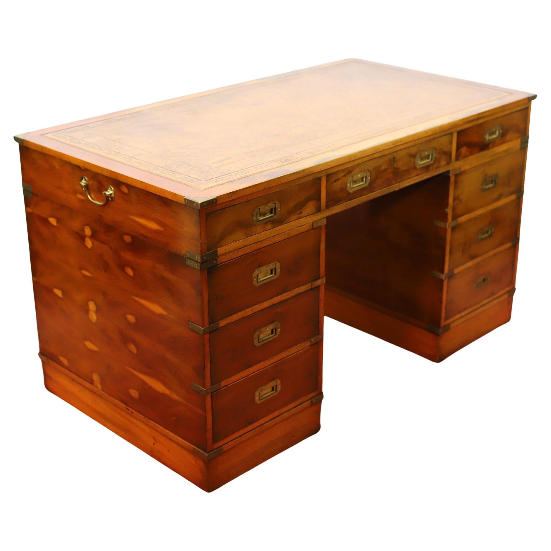 Beautiful Yew Wood Military Campaign Style Pedestal Desk