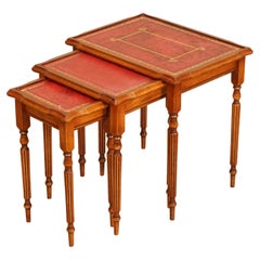 Beautiful Yew Wood Red Leather Embossed Nest of Tables