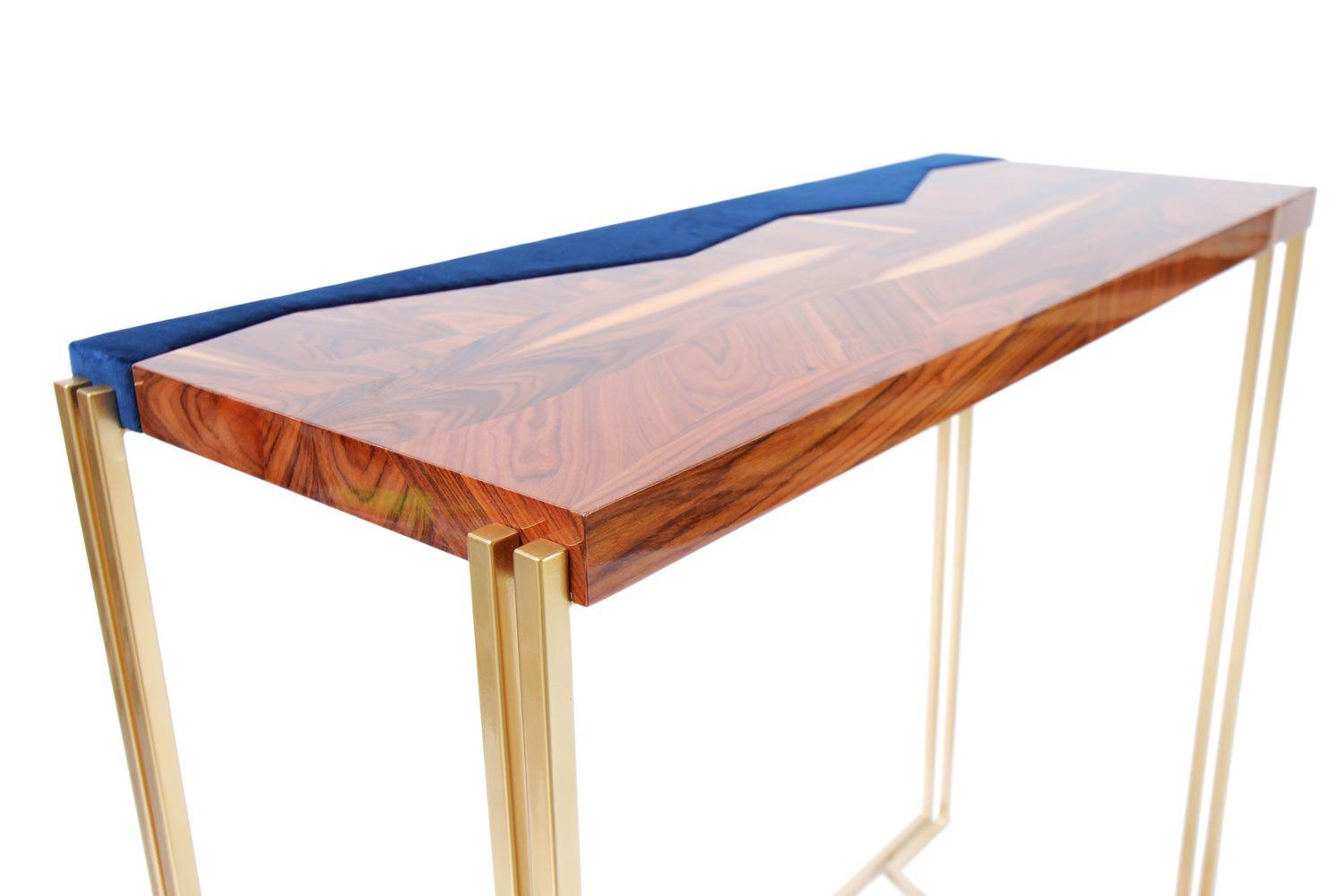 Organic Modern Beautiful Console Table, Marquetry in Palisander Veneer, Brass Legs, Modern For Sale
