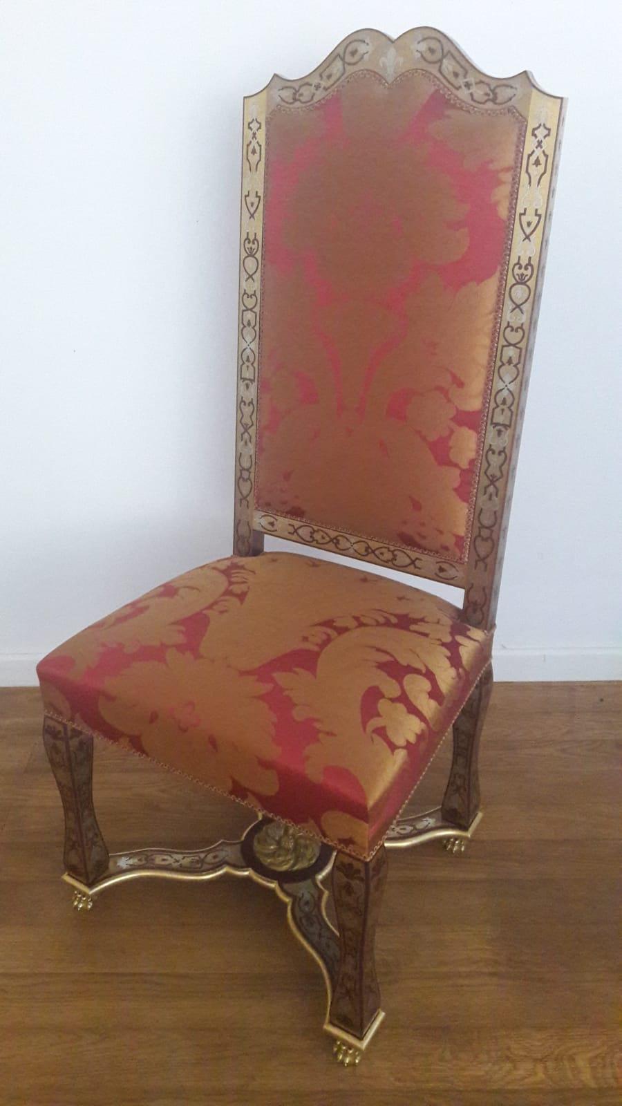 Unique pair of chairs, created and signed by one of the greatest French cabinet maker, Atelier BHC.
In 18th century style, inspired by a famous French Castle near Paris.
Amazing Boule Marquetry on hard wood, red silk, brass and gilt