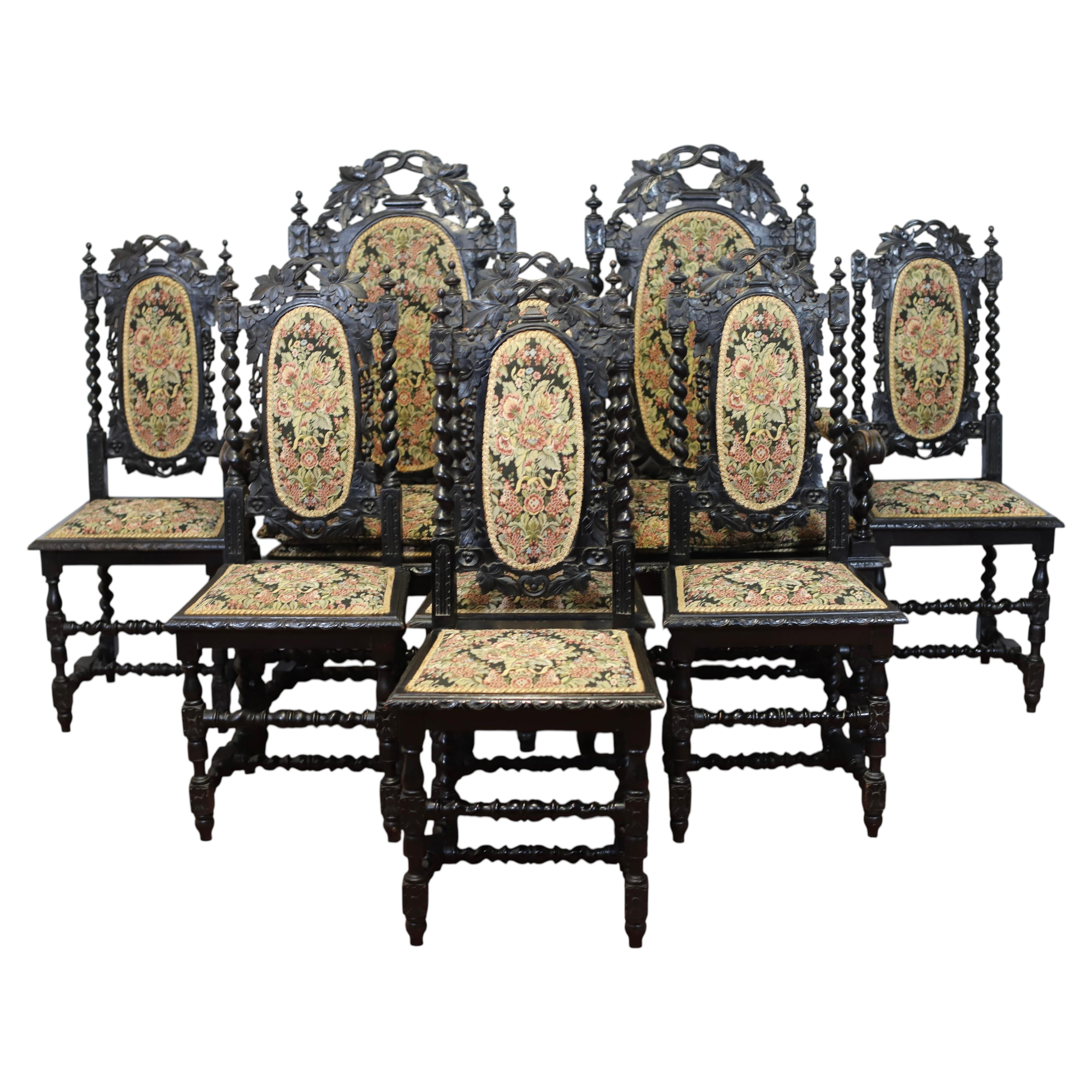Beautifull Set Of Eight Victorian Jacobean Oak Dining Chairs