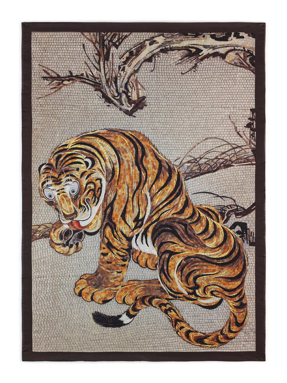 Italian Beautiful Tiger Bedcover Blanket Silk Cashmere Wood For Sale