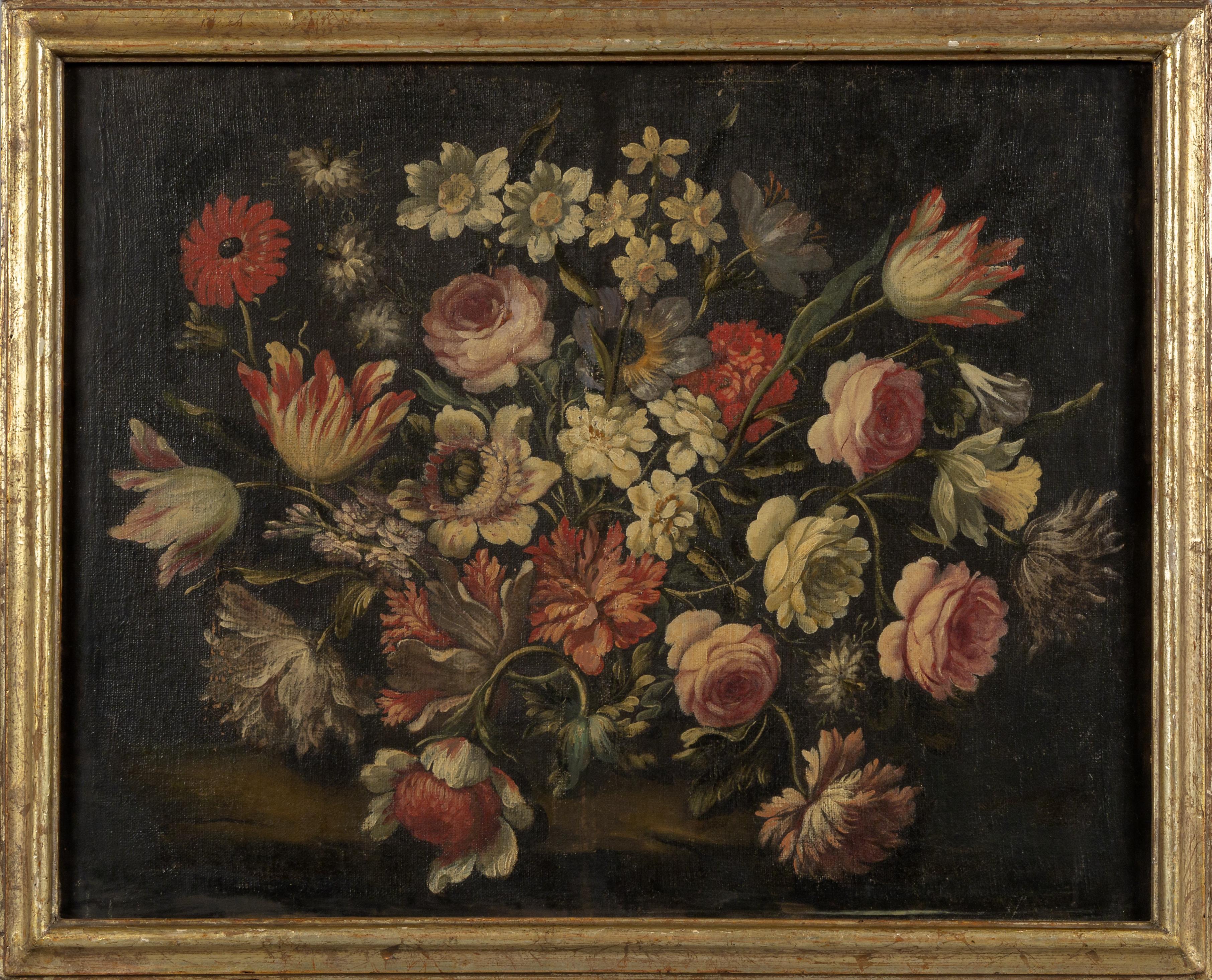 A beautifully aged pair of 17th century Baroque Italian Floral Still Life Paintings

School or influence of Orsola Maddalena Caccia
Piedmont region, Italy; mid-17th century
Oil on canvas; giltwood frames

Approximate size:  22.75 (h) x 29 (w) x 2