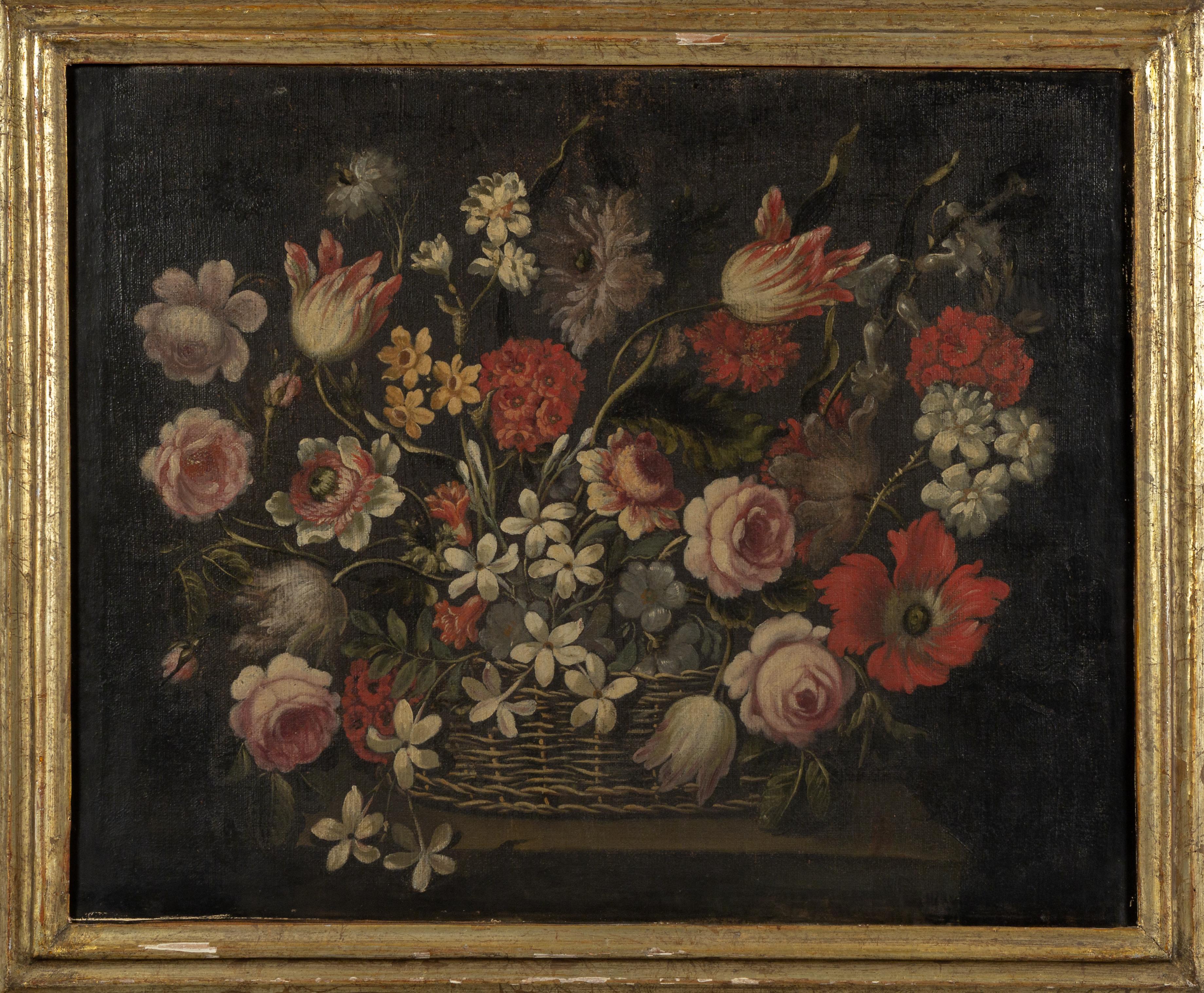 Schön gealtertes Paar aus dem 17. Jahrhundert. Barocke italienische Blumenstillleben-Gemälde (Handbemalt) im Angebot