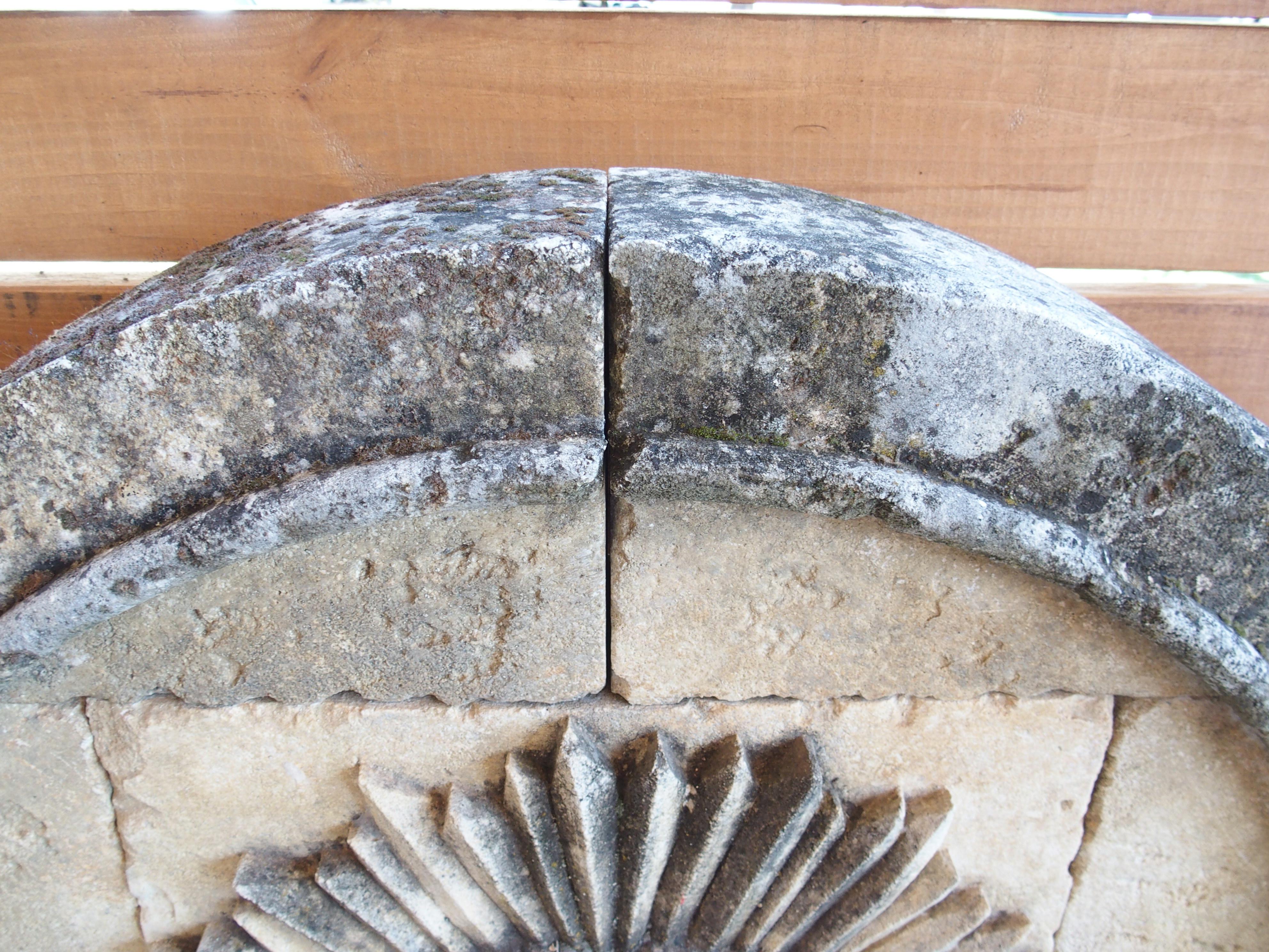 Beautifully Carved French Sunburst Wall Fountain in Aged Limestone For Sale 5