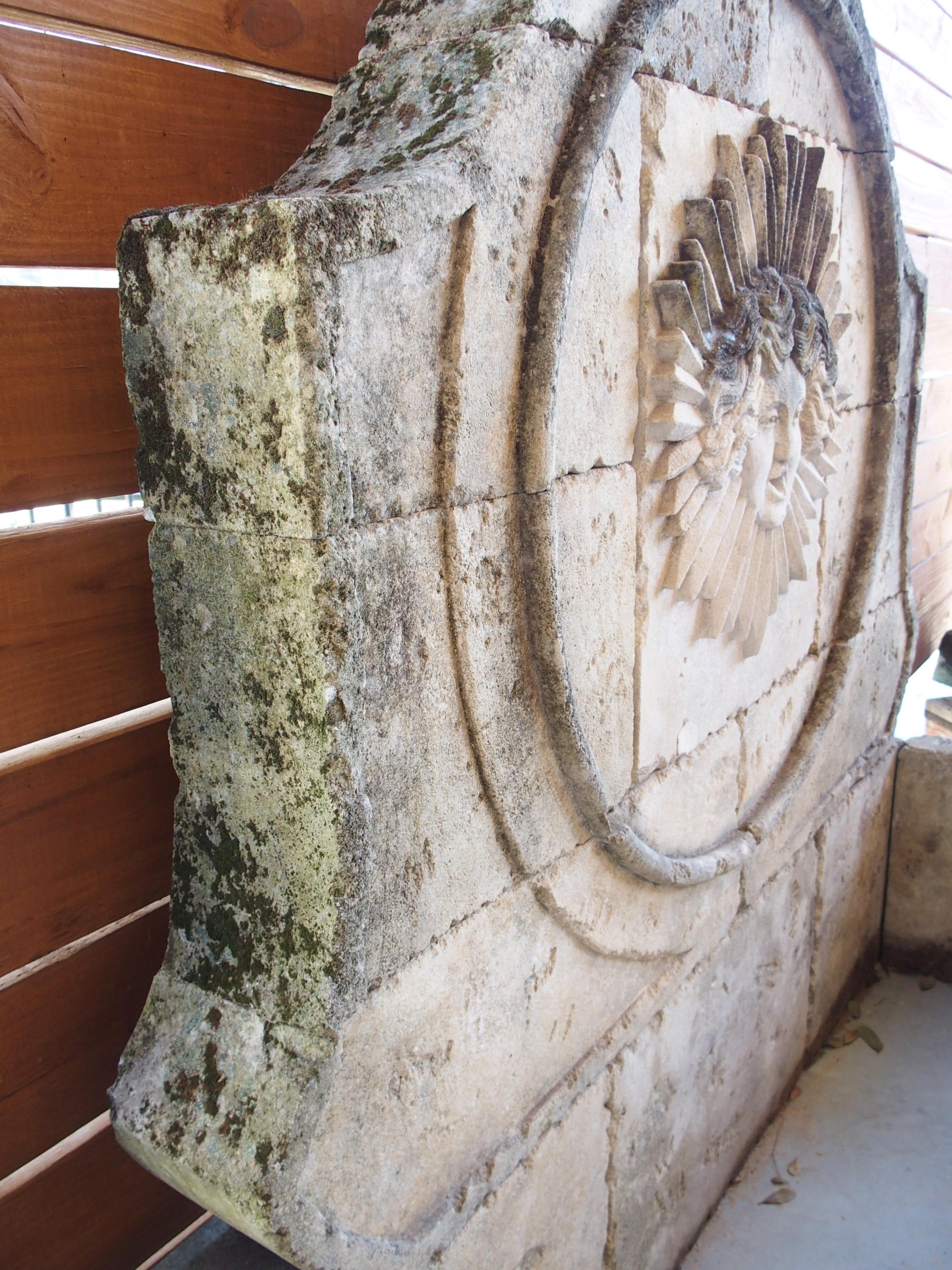 Beautifully Carved French Sunburst Wall Fountain in Aged Limestone For Sale 9
