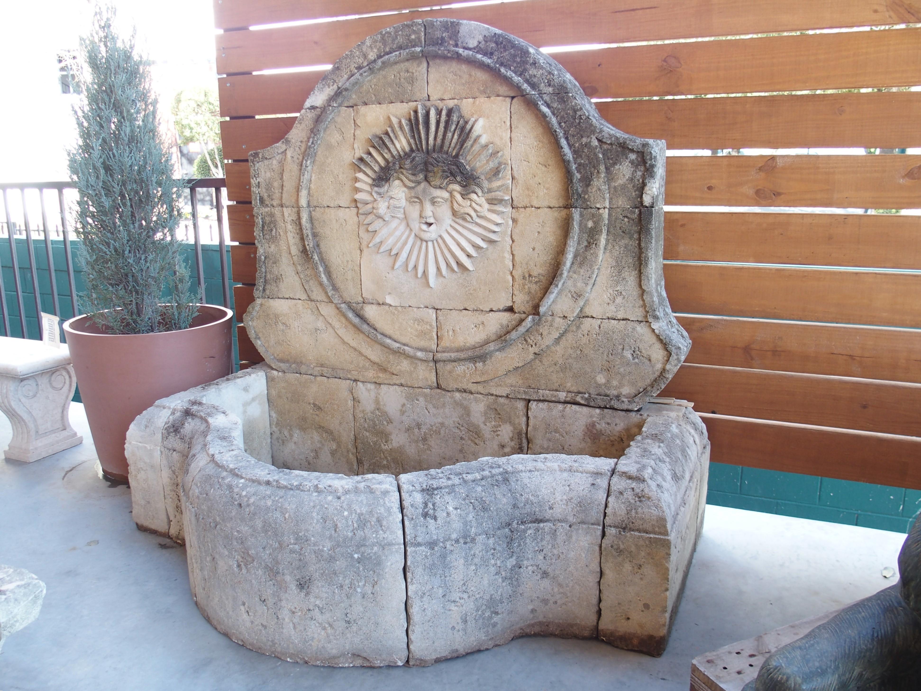 Beautifully Carved French Sunburst Wall Fountain in Aged Limestone For Sale 10
