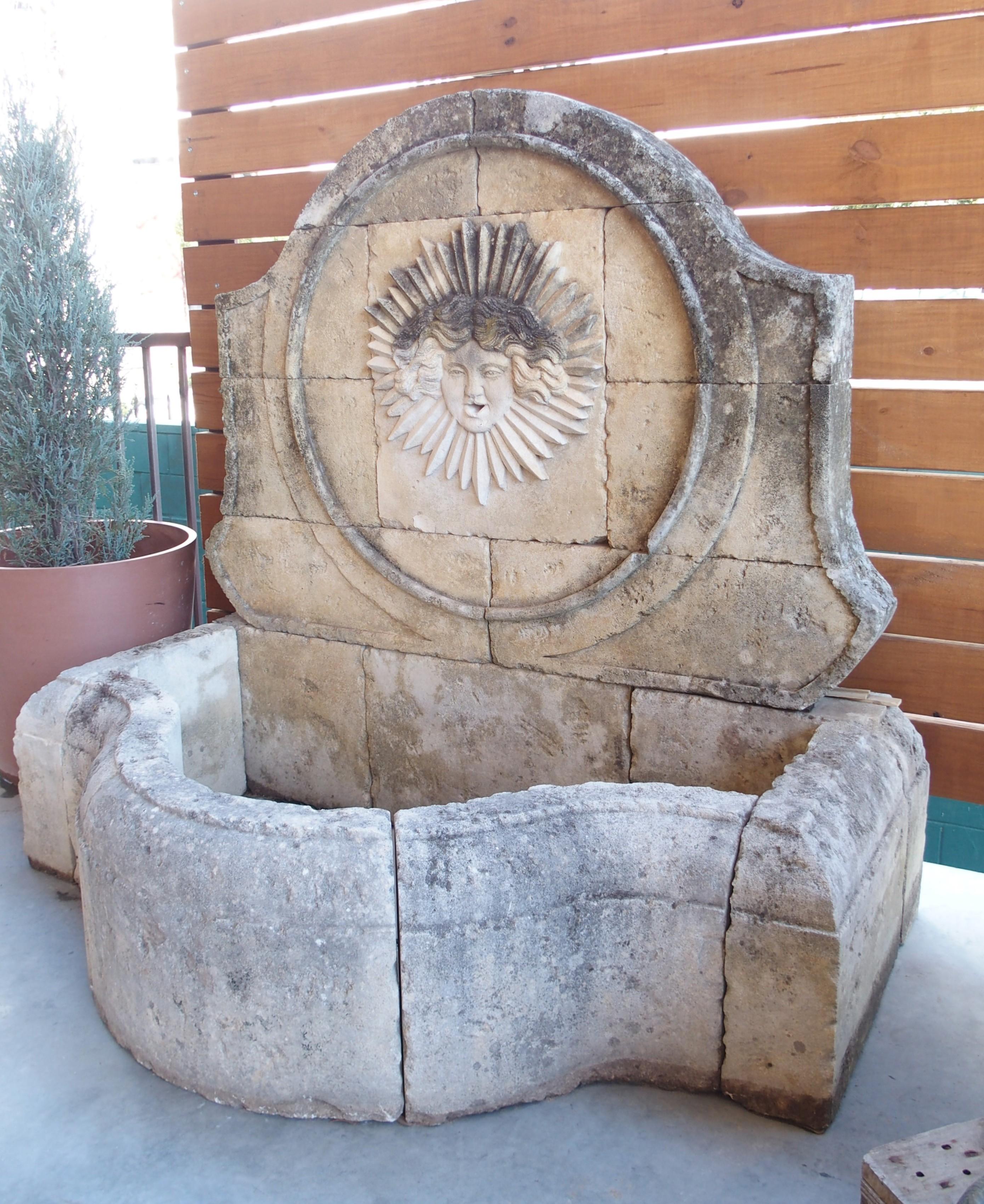 Beautifully Carved French Sunburst Wall Fountain in Aged Limestone For Sale 11