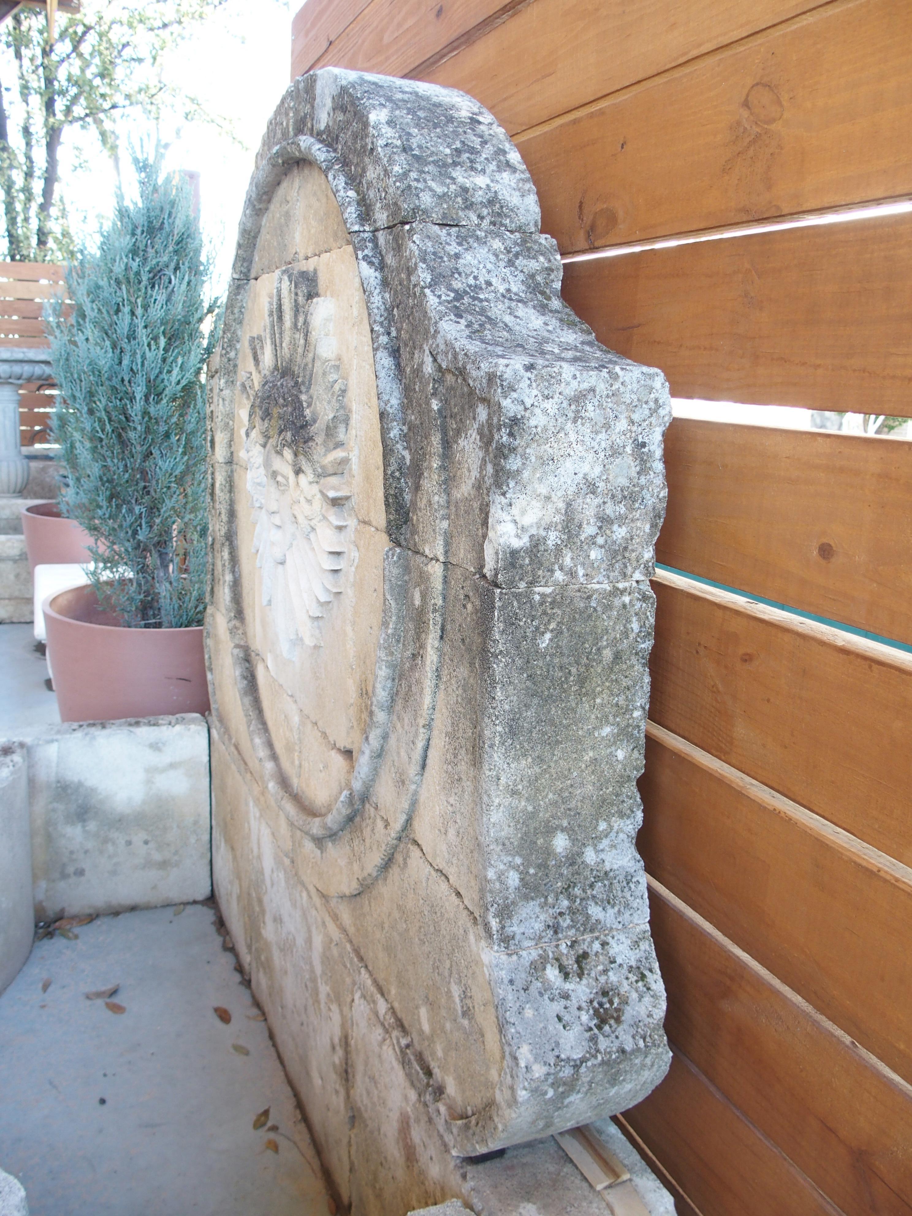 Beautifully Carved French Sunburst Wall Fountain in Aged Limestone For Sale 2