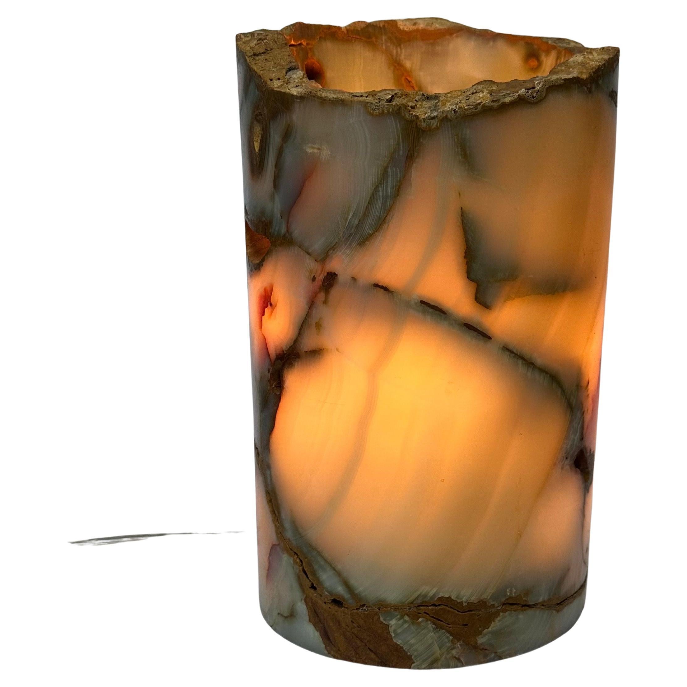 Beautifully Carved, Heavy, Thick Cylindrical Ambient Onyx Table / Desk Lamp For Sale 13