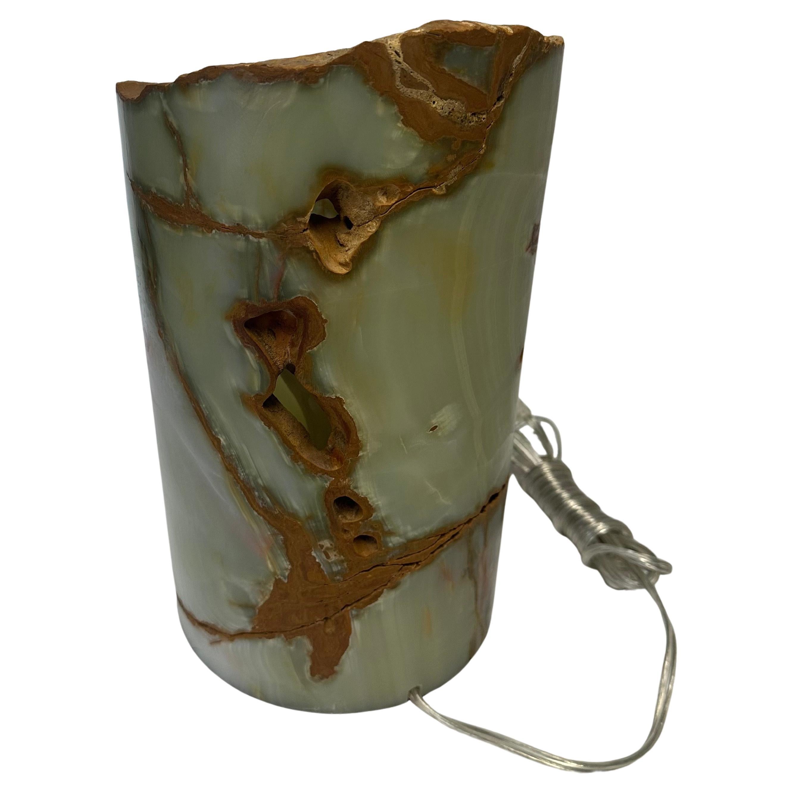 Mexican Beautifully Carved, Heavy, Thick Cylindrical Ambient Onyx Table / Desk Lamp For Sale