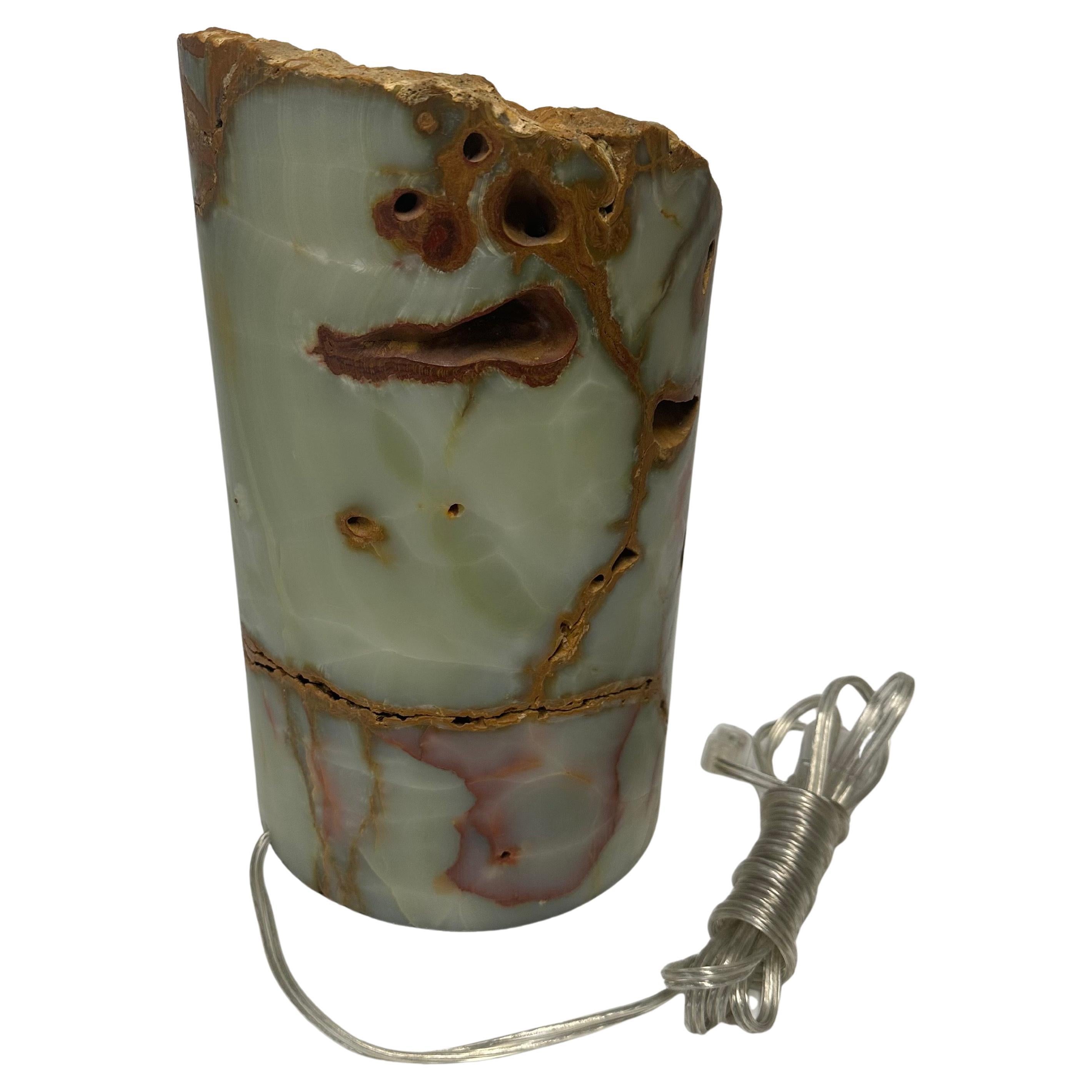 Hand-Carved Beautifully Carved, Heavy, Thick Cylindrical Ambient Onyx Table / Desk Lamp For Sale