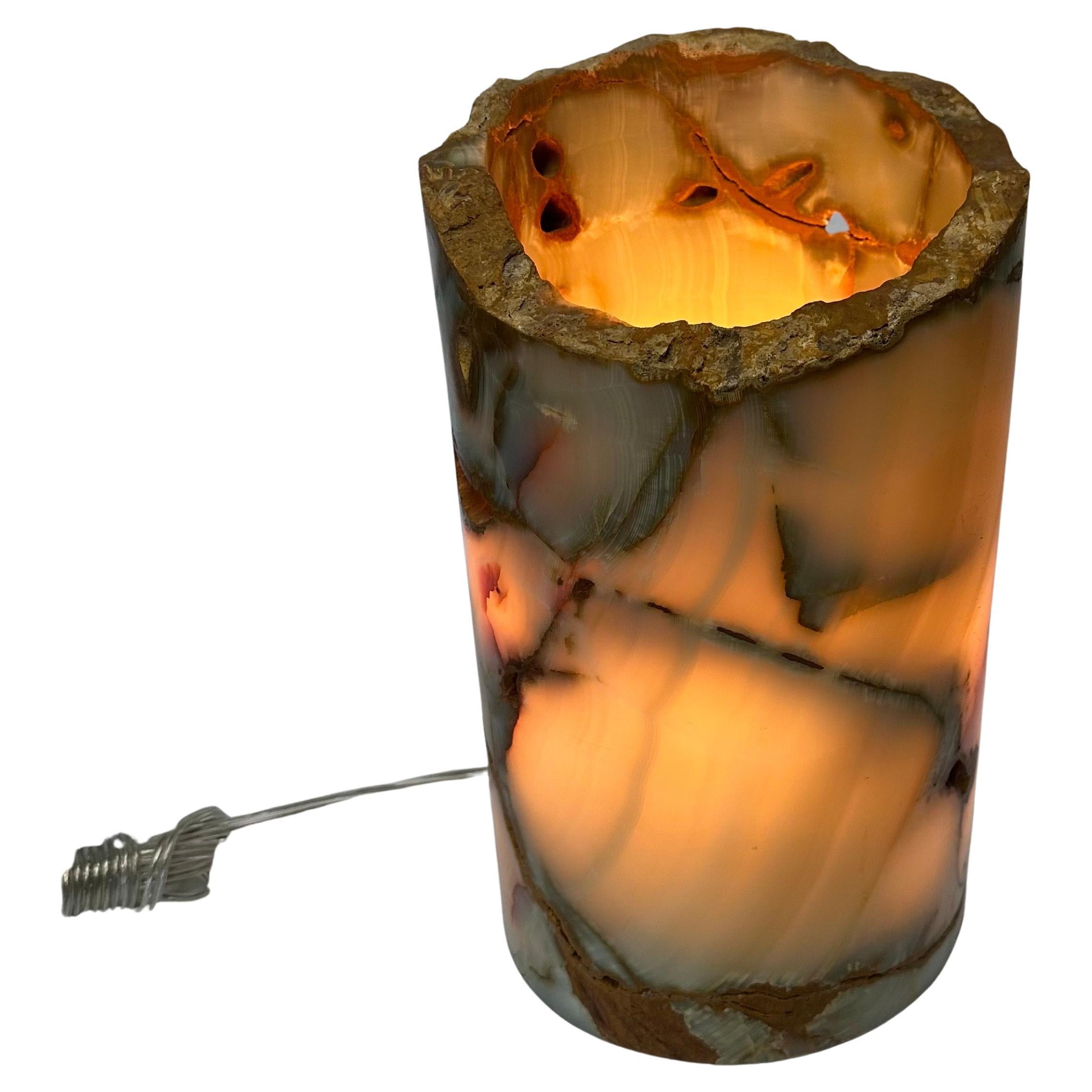 Contemporary Beautifully Carved, Heavy, Thick Cylindrical Ambient Onyx Table / Desk Lamp For Sale