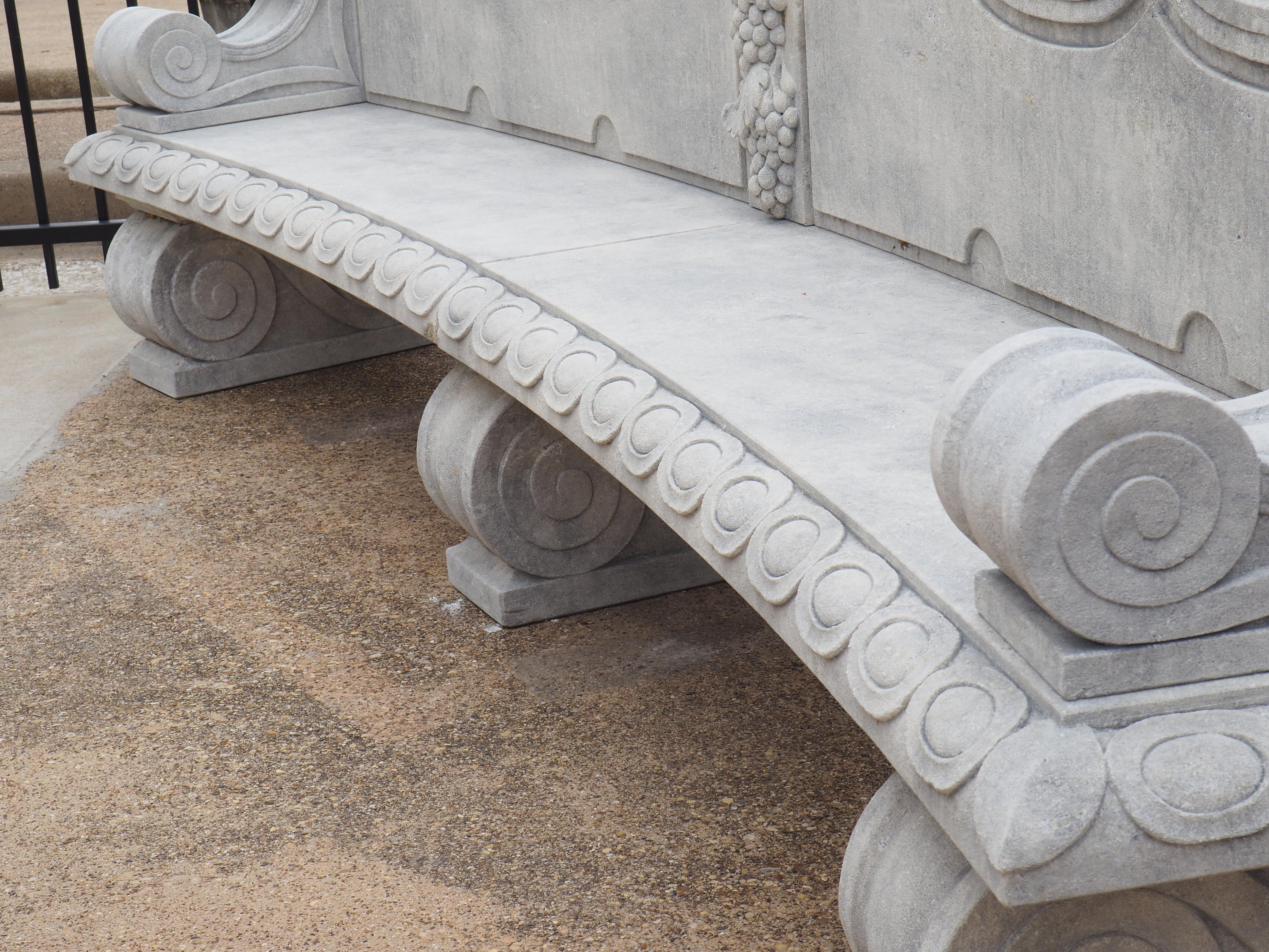 Beautifully Carved Limestone Garden Bench with Fleur De Lys and Grape Clusters 4