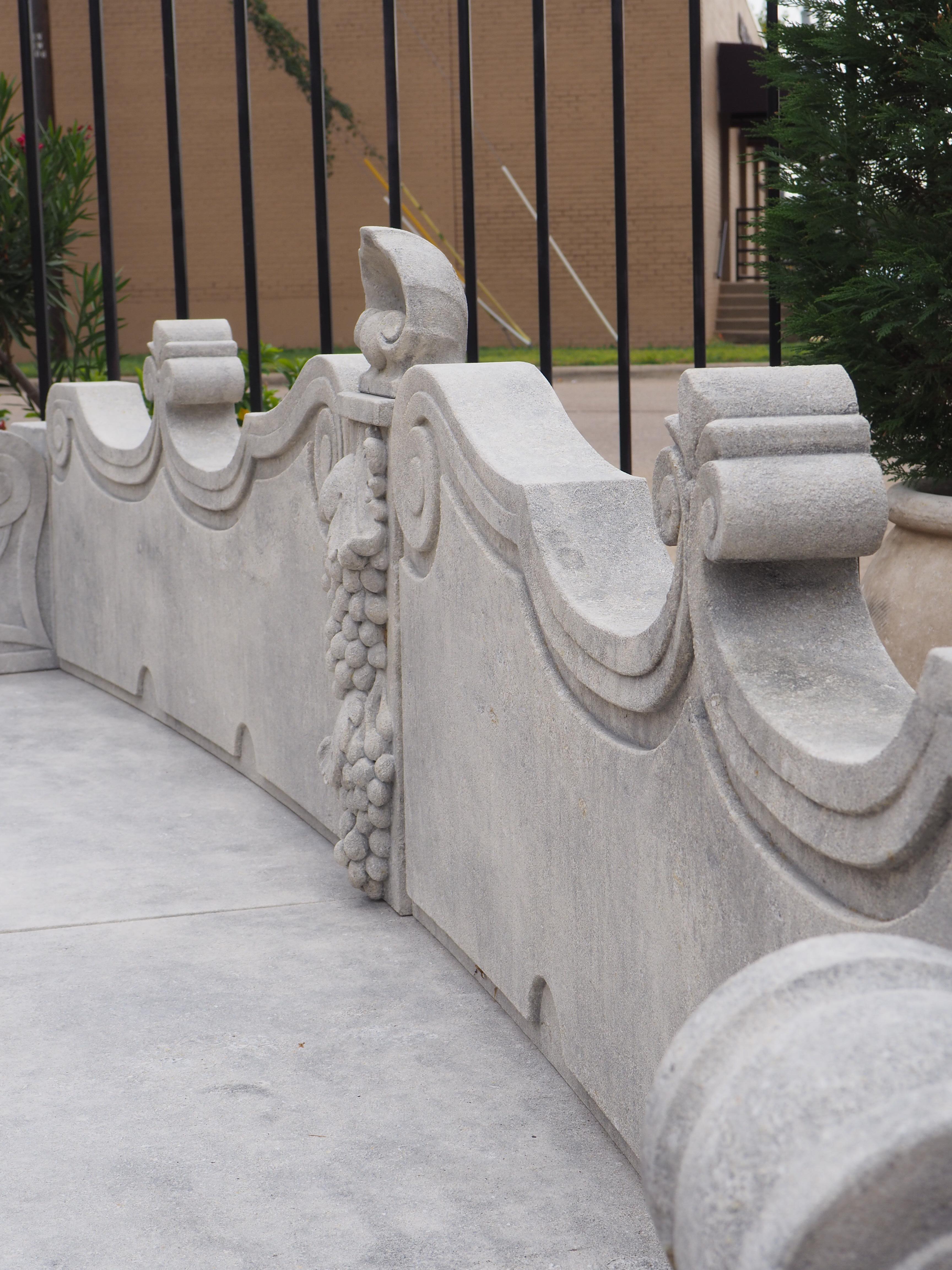 Beautifully Carved Limestone Garden Bench with Fleur De Lys and Grape Clusters 5