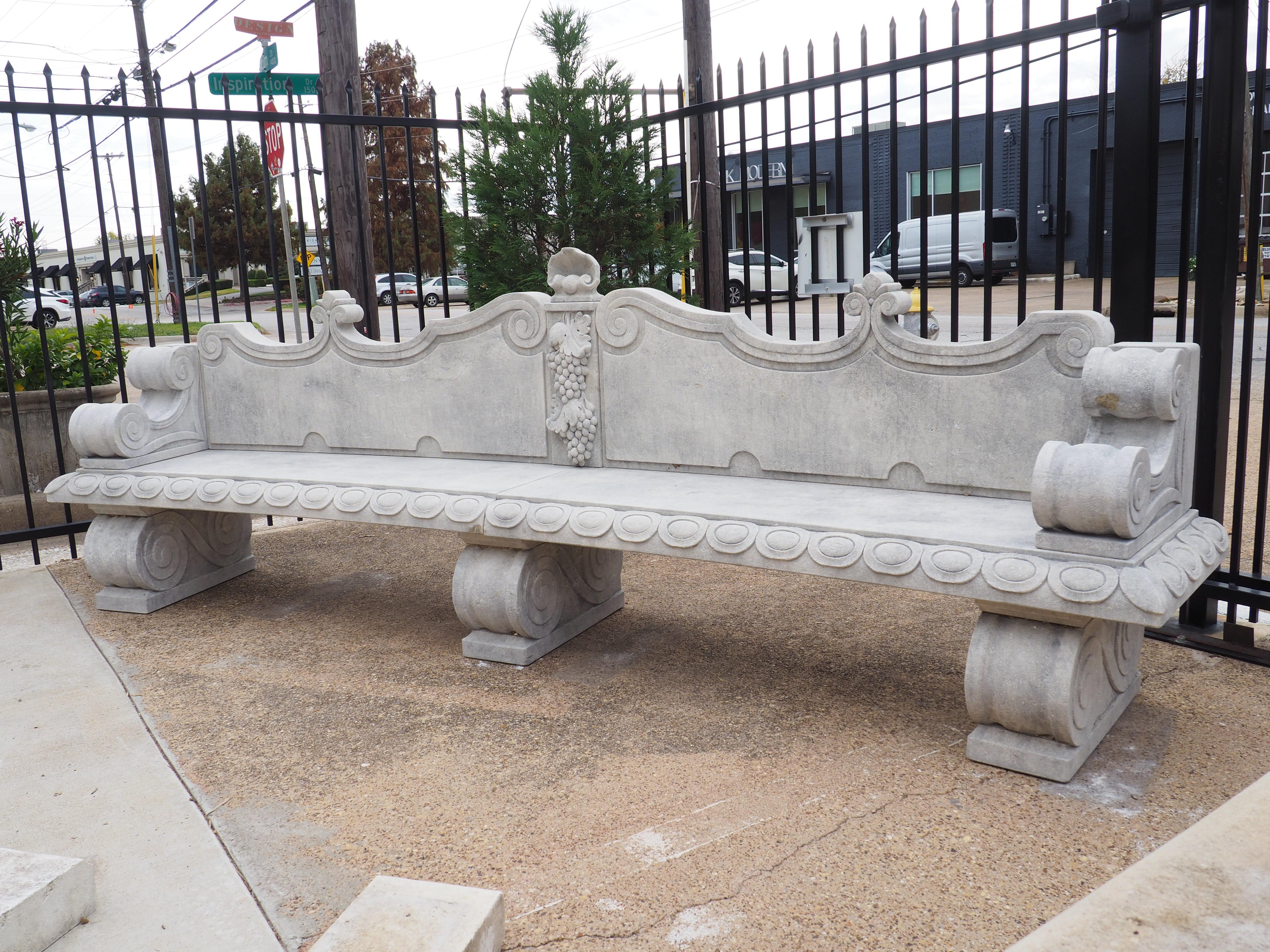 Beautifully Carved Limestone Garden Bench with Fleur De Lys and Grape Clusters 6