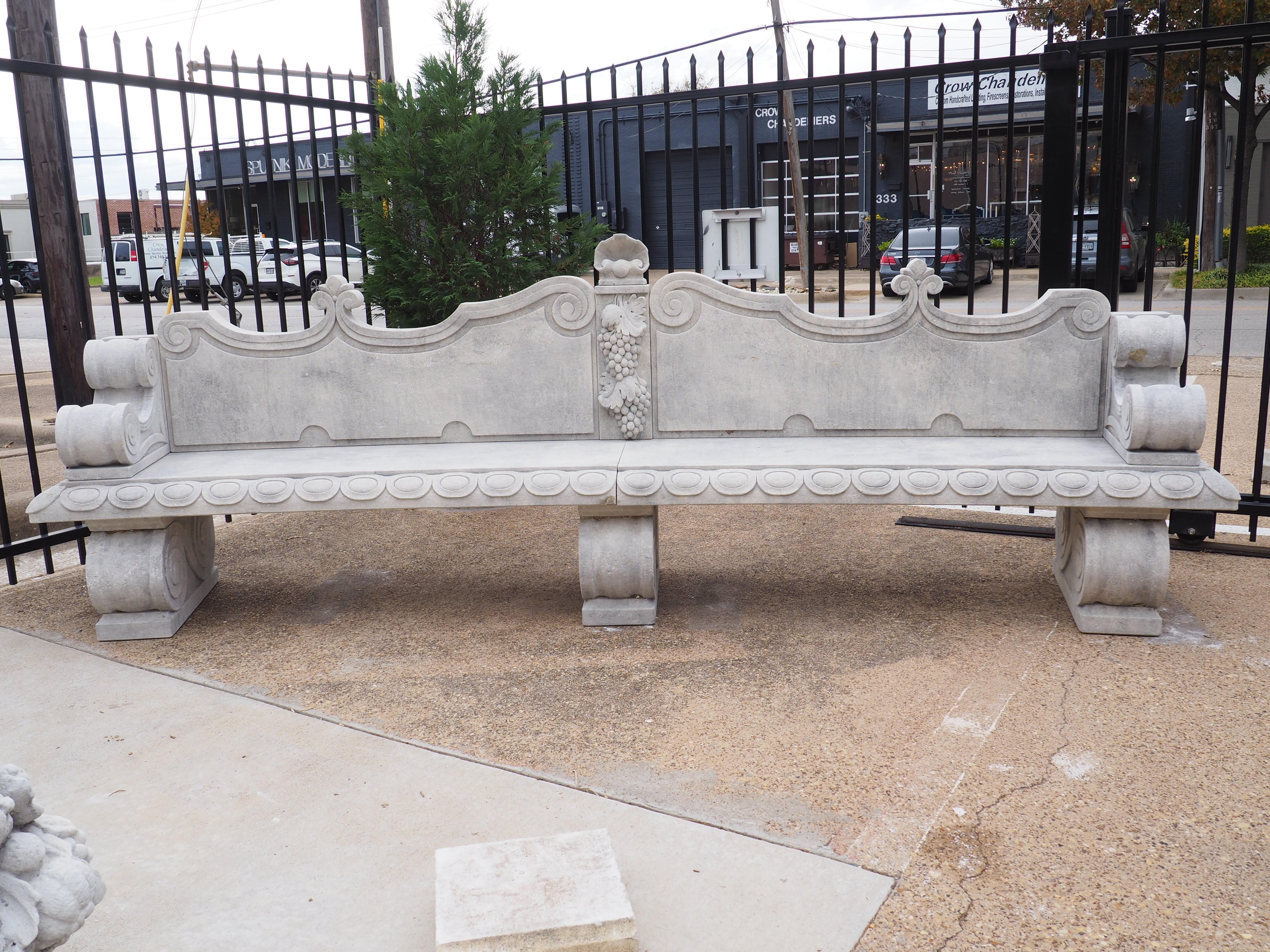 Beautifully Carved Limestone Garden Bench with Fleur De Lys and Grape Clusters 7