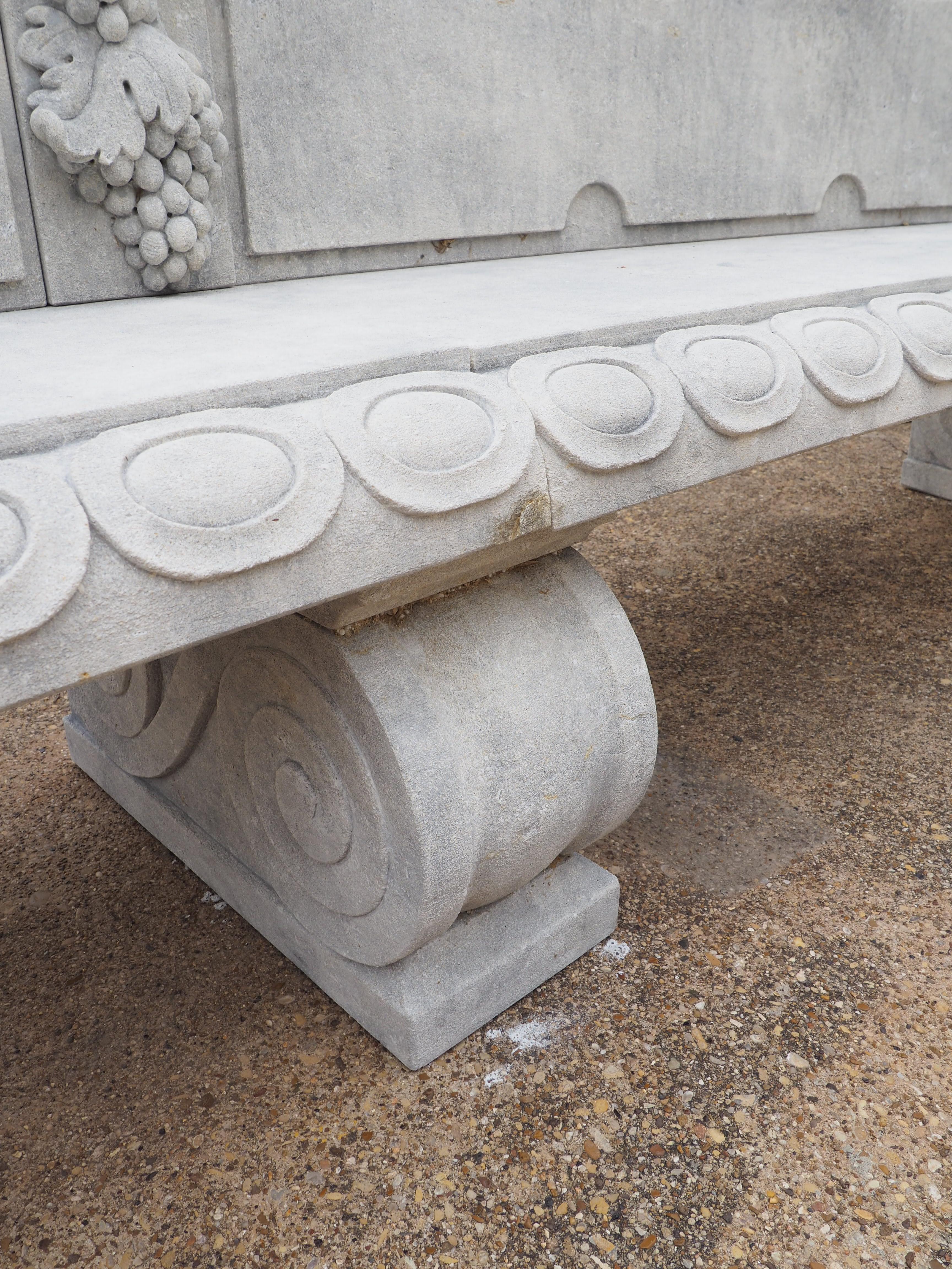 Beautifully Carved Limestone Garden Bench with Fleur De Lys and Grape Clusters 8