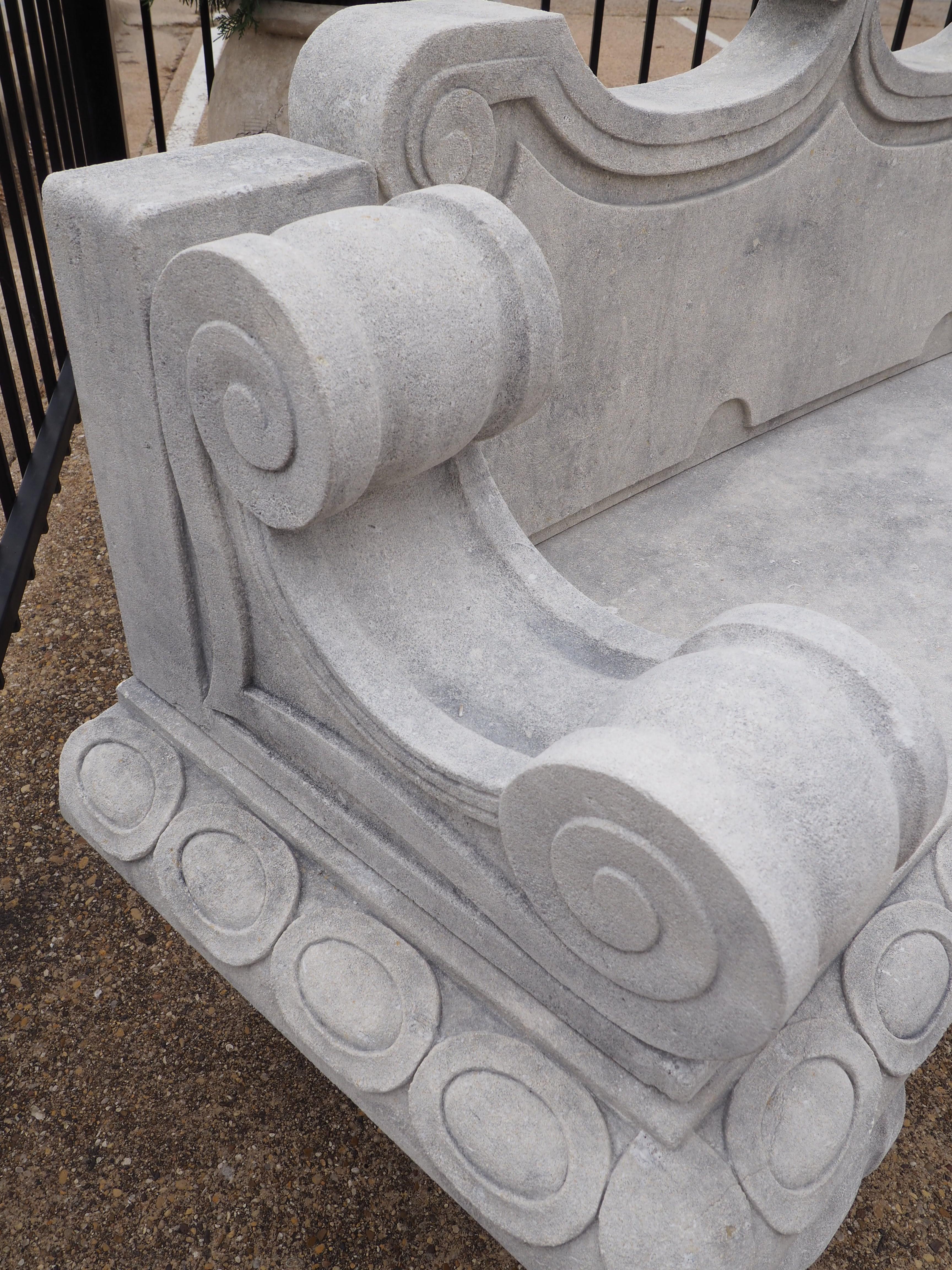 Beautifully Carved Limestone Garden Bench with Fleur De Lys and Grape Clusters 9