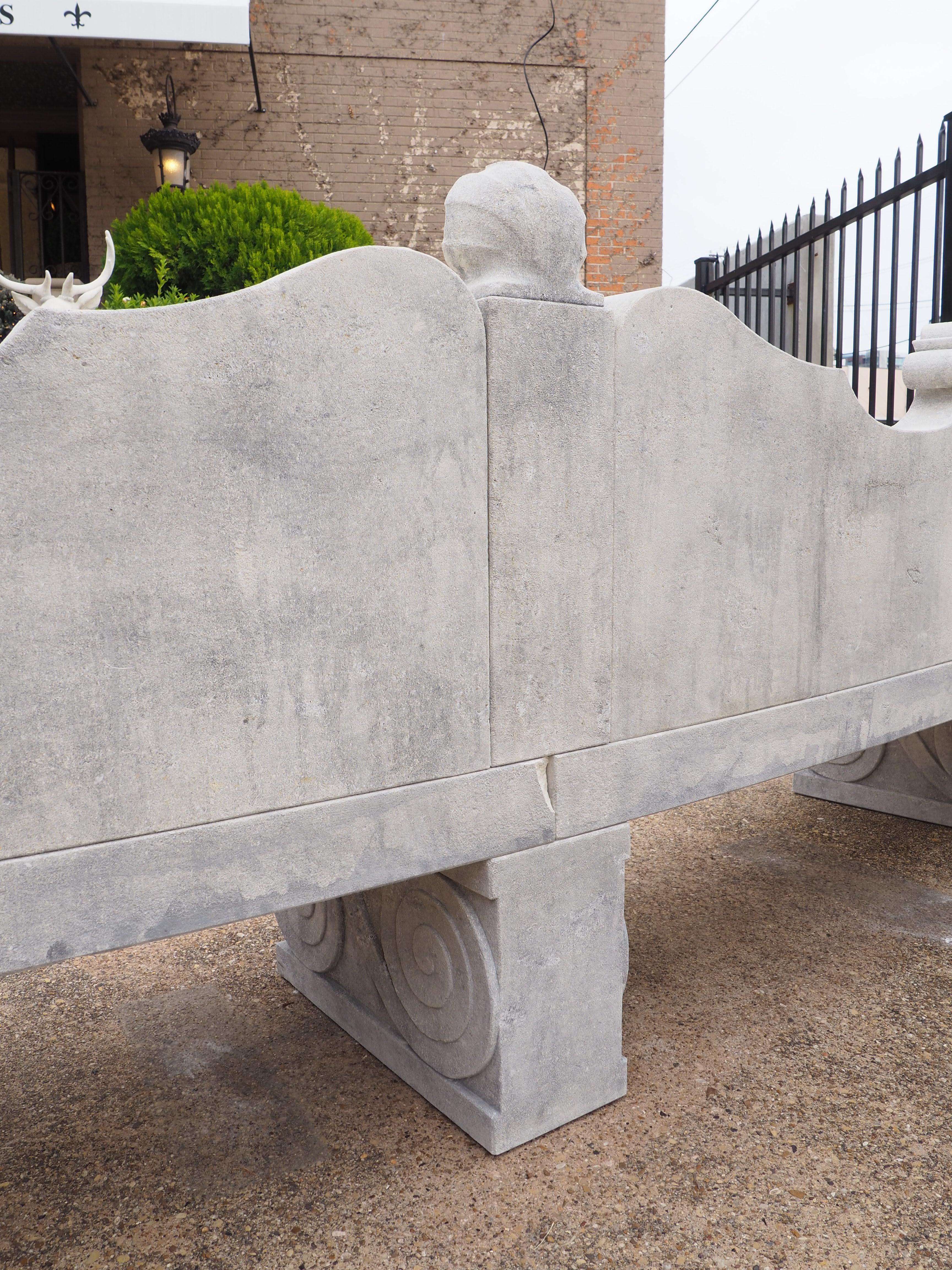 Beautifully Carved Limestone Garden Bench with Fleur De Lys and Grape Clusters 10