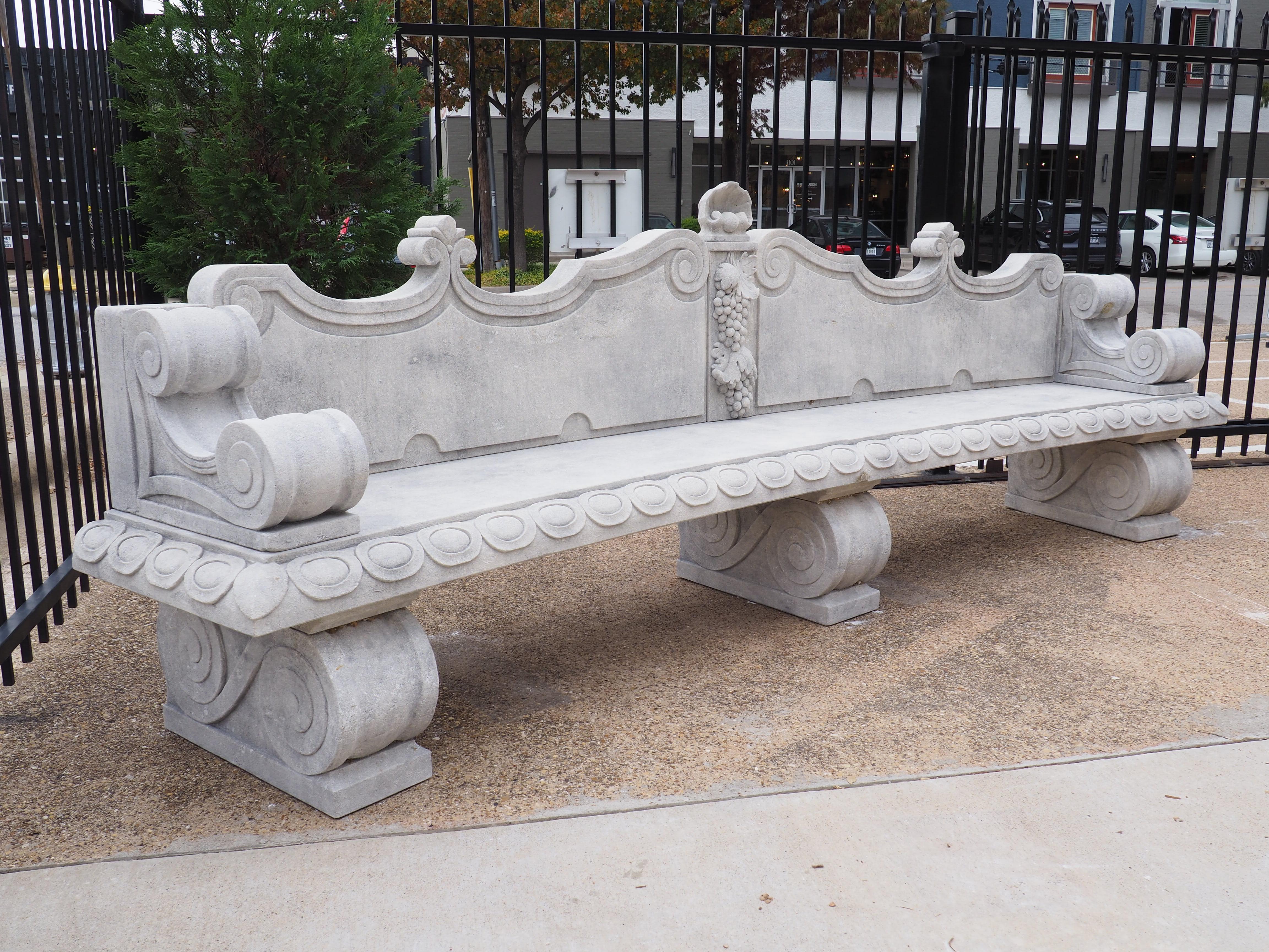 Beautifully Carved Limestone Garden Bench with Fleur De Lys and Grape Clusters 11