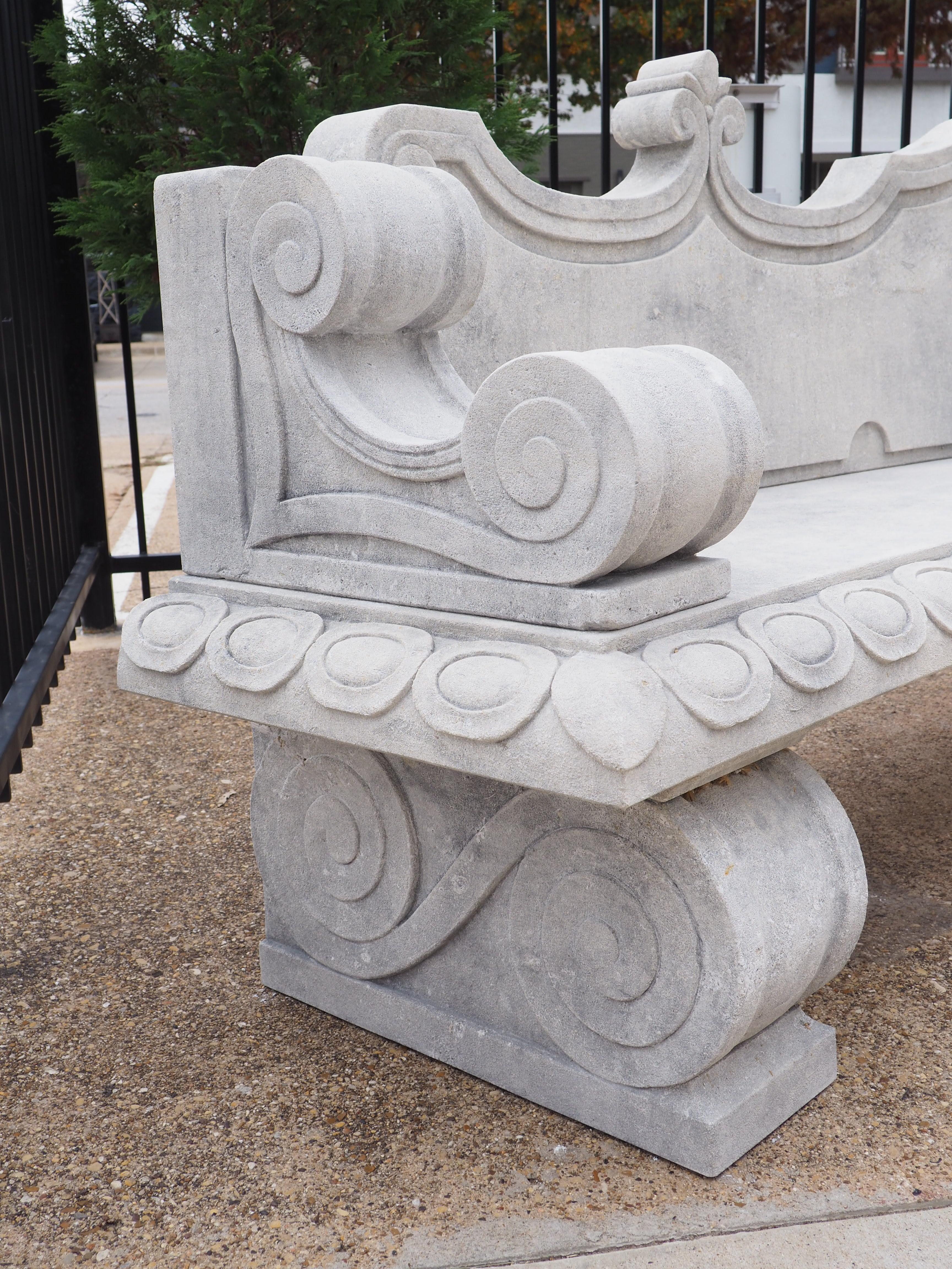 Italian Beautifully Carved Limestone Garden Bench with Fleur De Lys and Grape Clusters