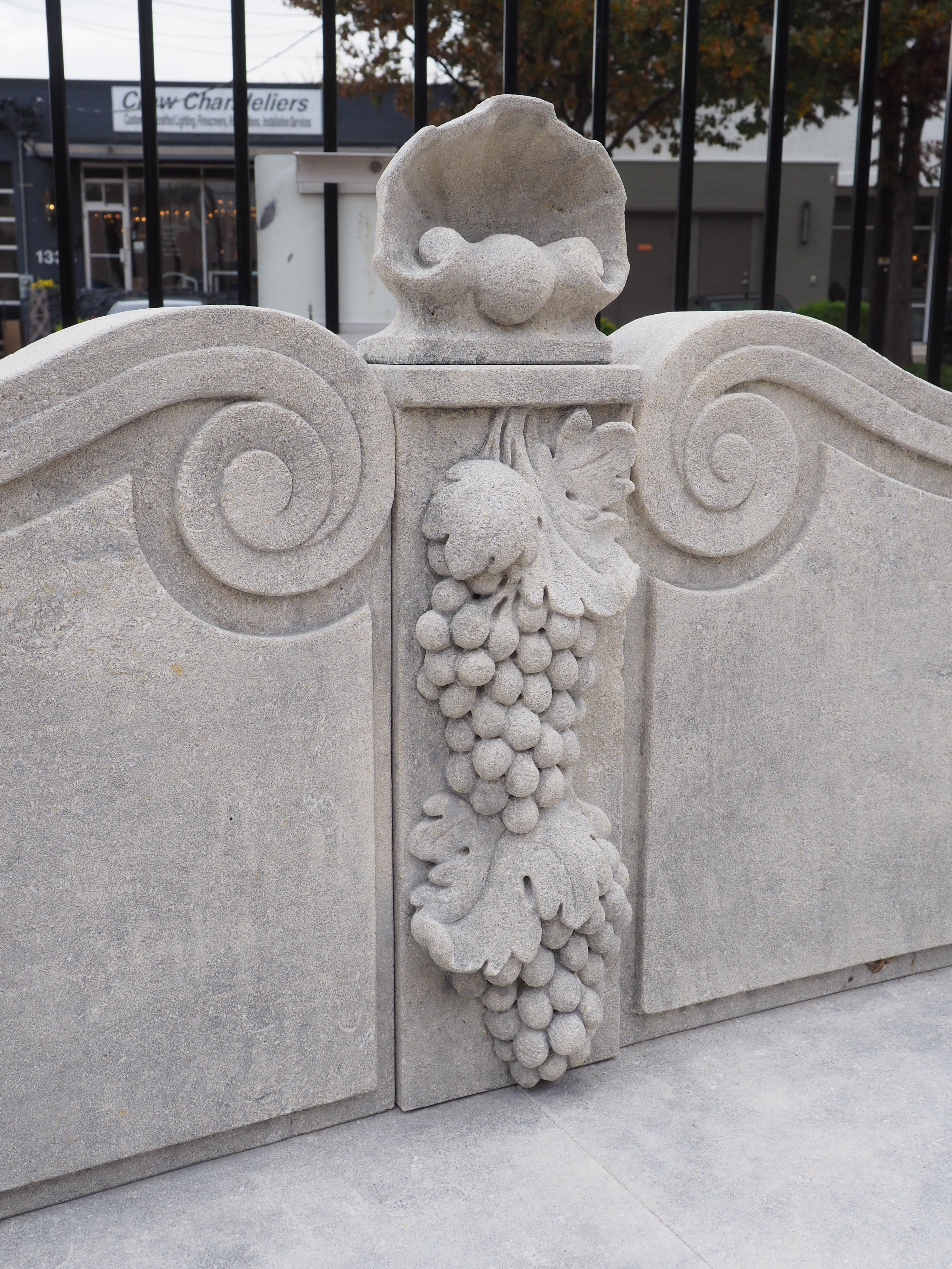 Hand-Carved Beautifully Carved Limestone Garden Bench with Fleur De Lys and Grape Clusters