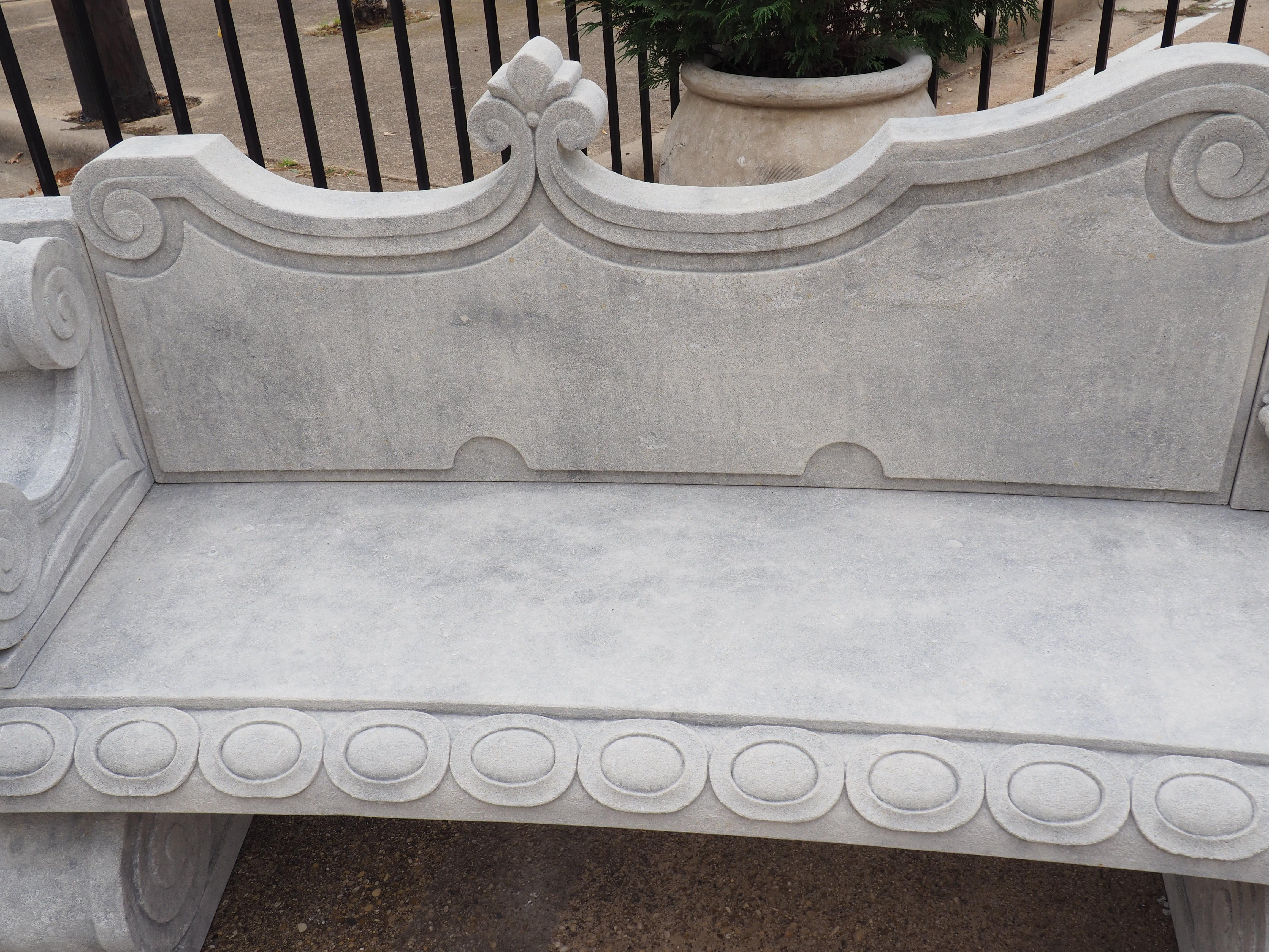 Beautifully Carved Limestone Garden Bench with Fleur De Lys and Grape Clusters In Good Condition In Dallas, TX