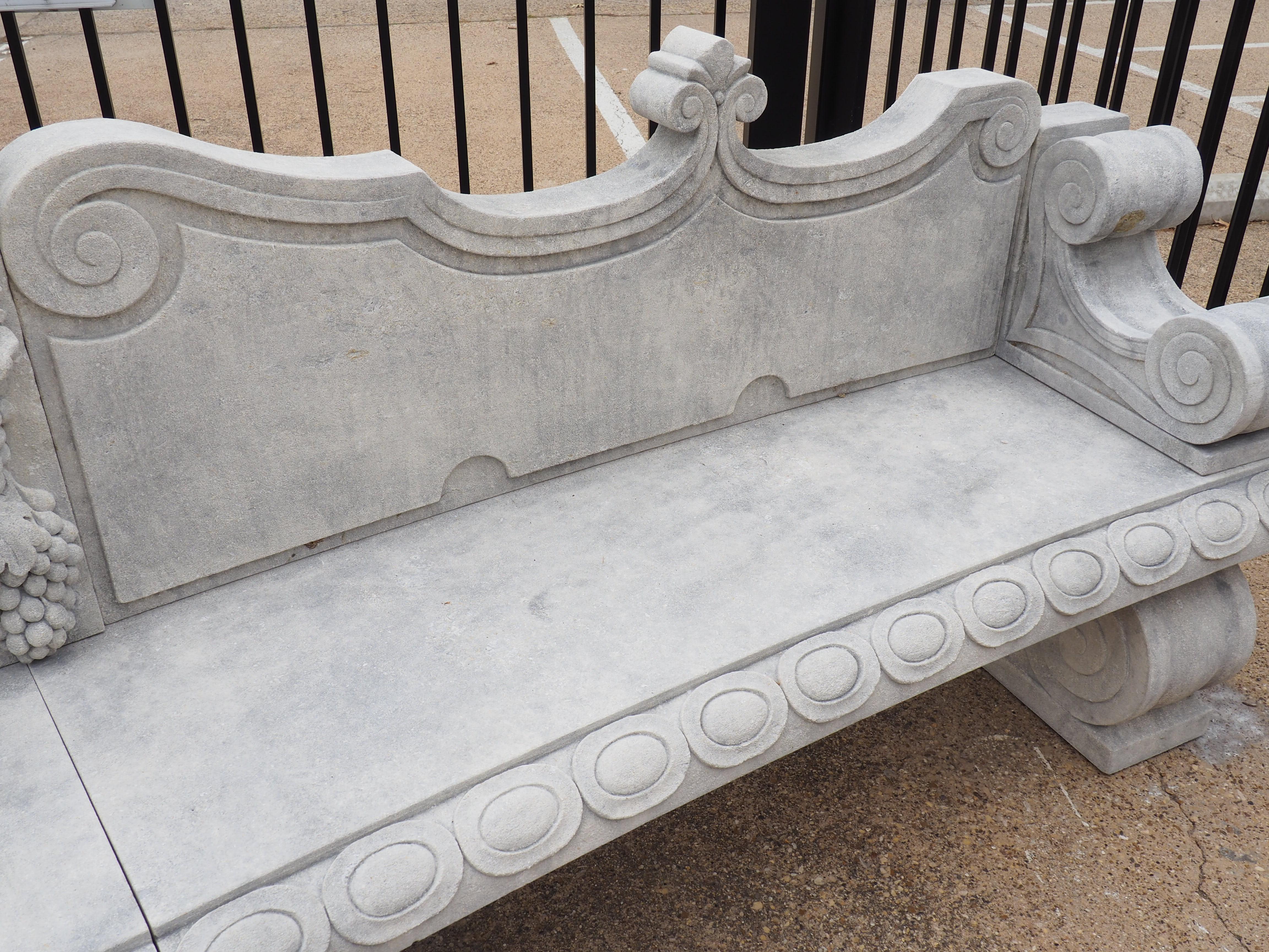 Contemporary Beautifully Carved Limestone Garden Bench with Fleur De Lys and Grape Clusters