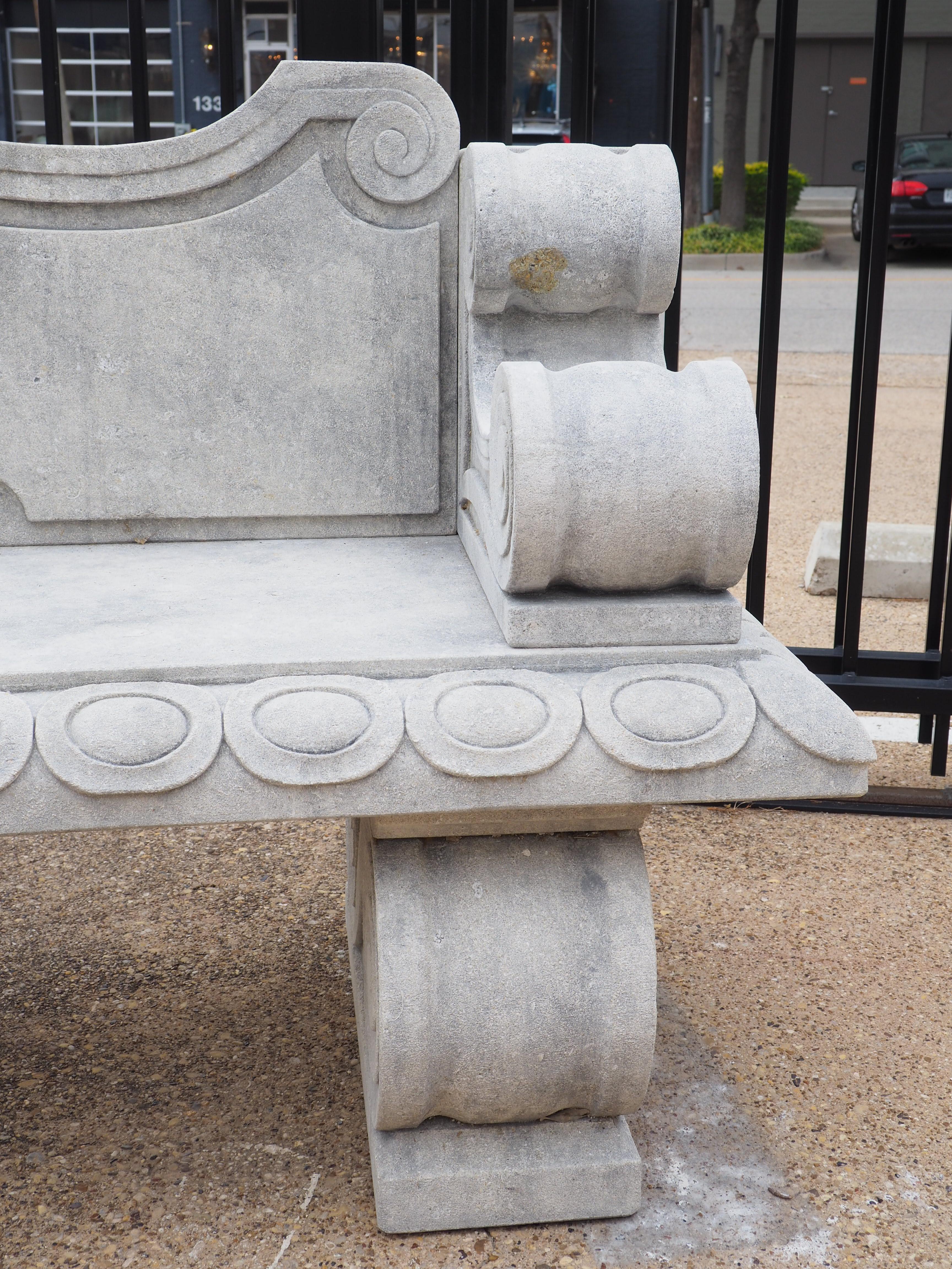 Beautifully Carved Limestone Garden Bench with Fleur De Lys and Grape Clusters 2