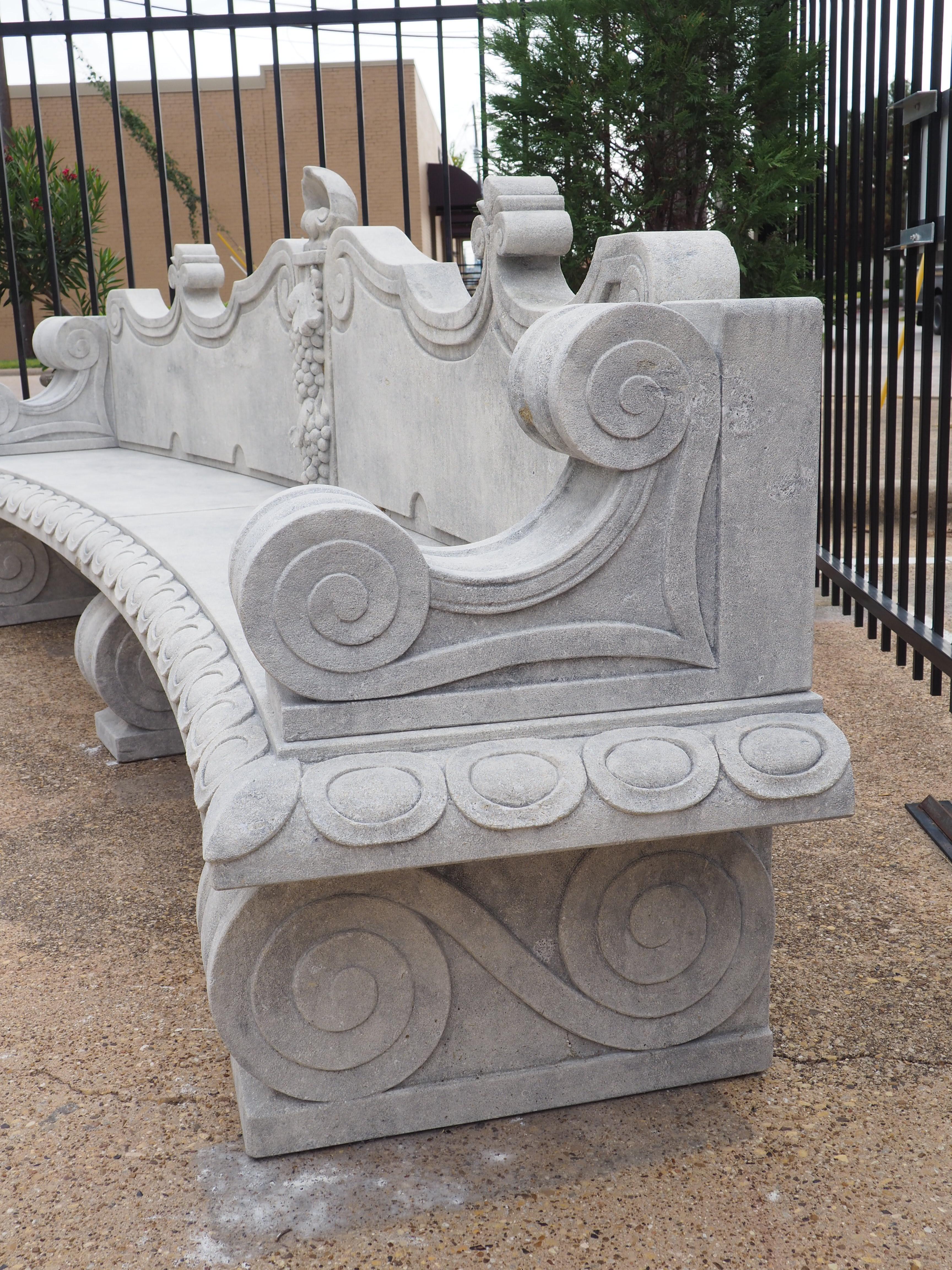 Beautifully Carved Limestone Garden Bench with Fleur De Lys and Grape Clusters 3