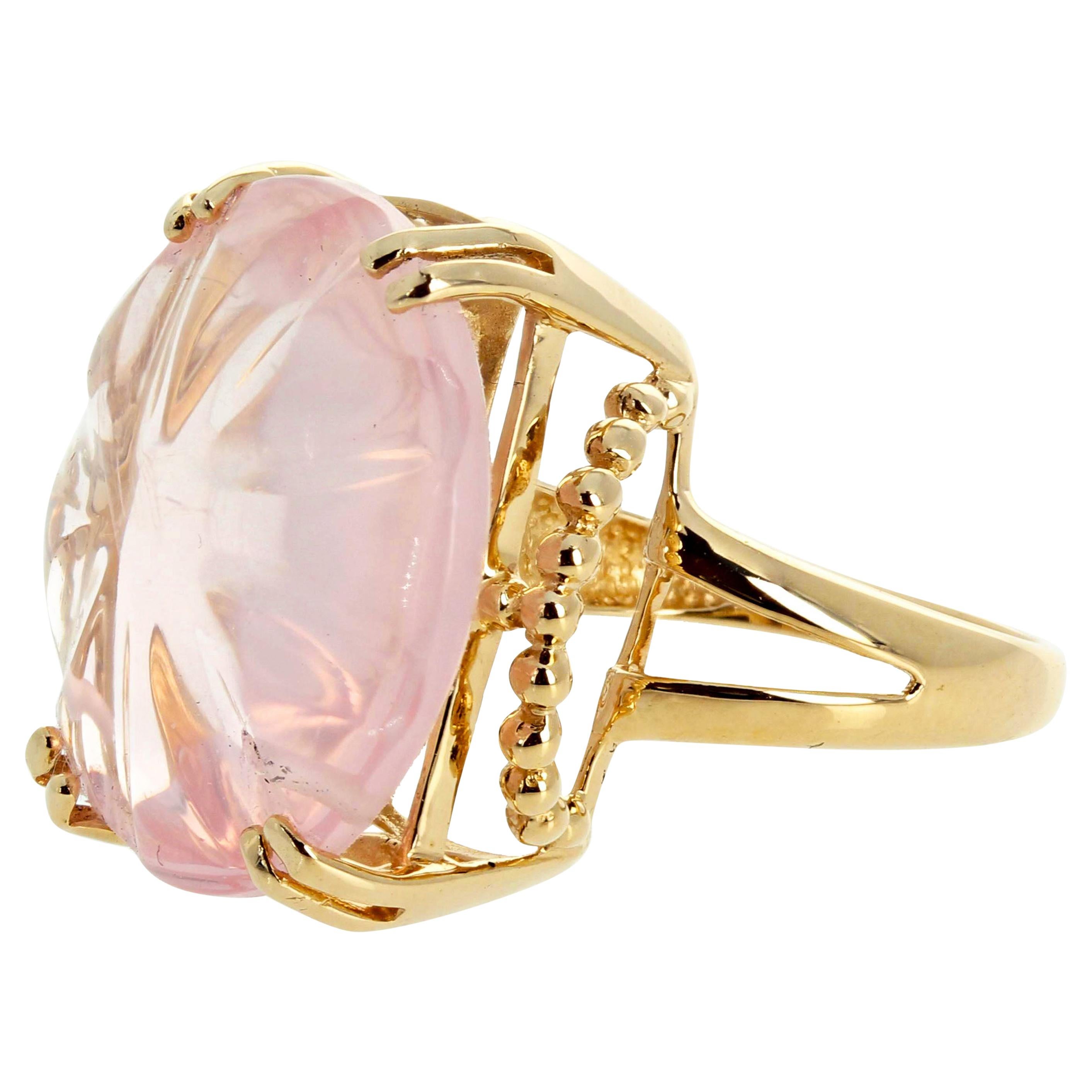 Gemjunky "Old Hollywood" Stunning Carved 14Cts Blush/Rose Color Quartz Gold Ring