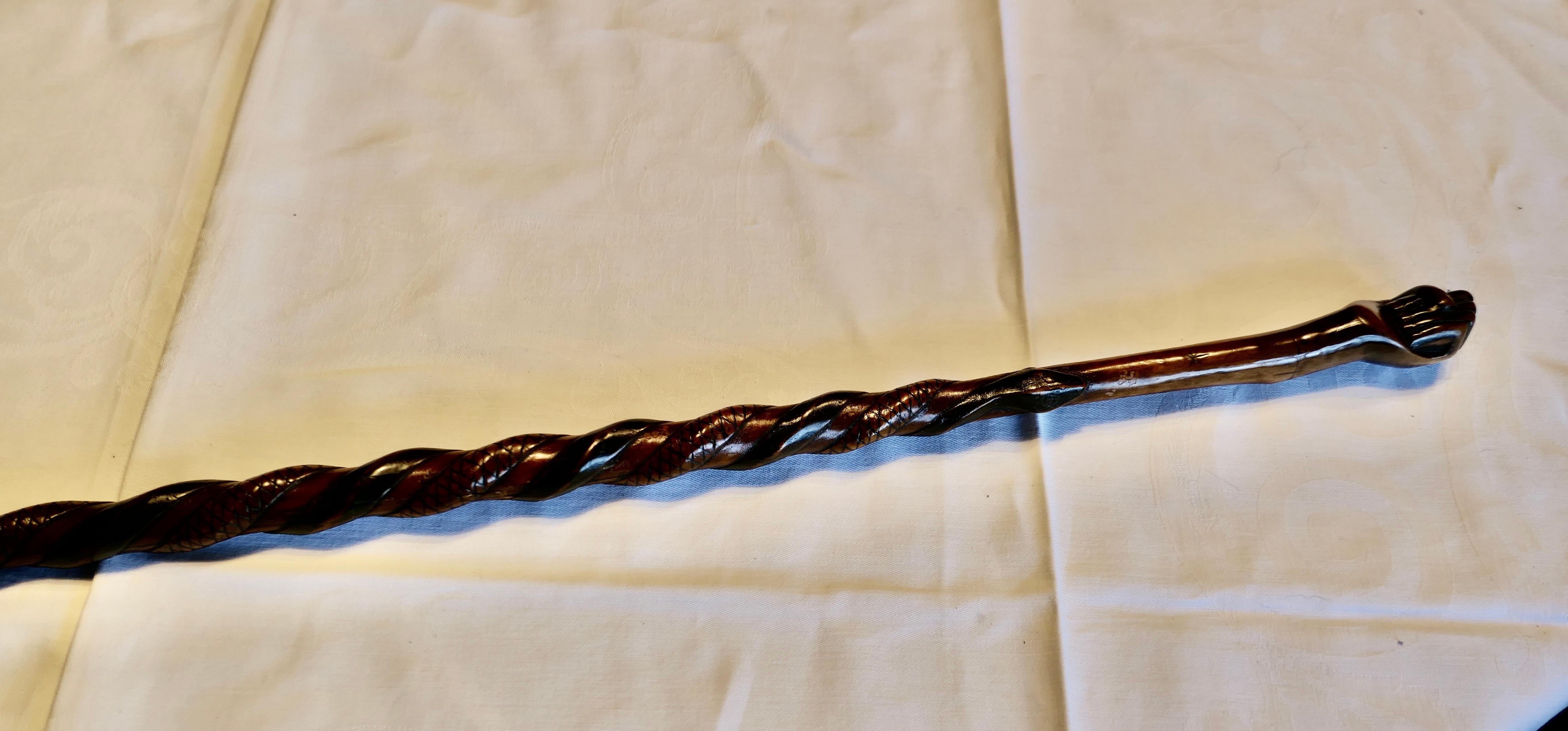 Beautifully Carved Two Tone Malacca Gentleman's Walking Stick with Snakes For Sale 2