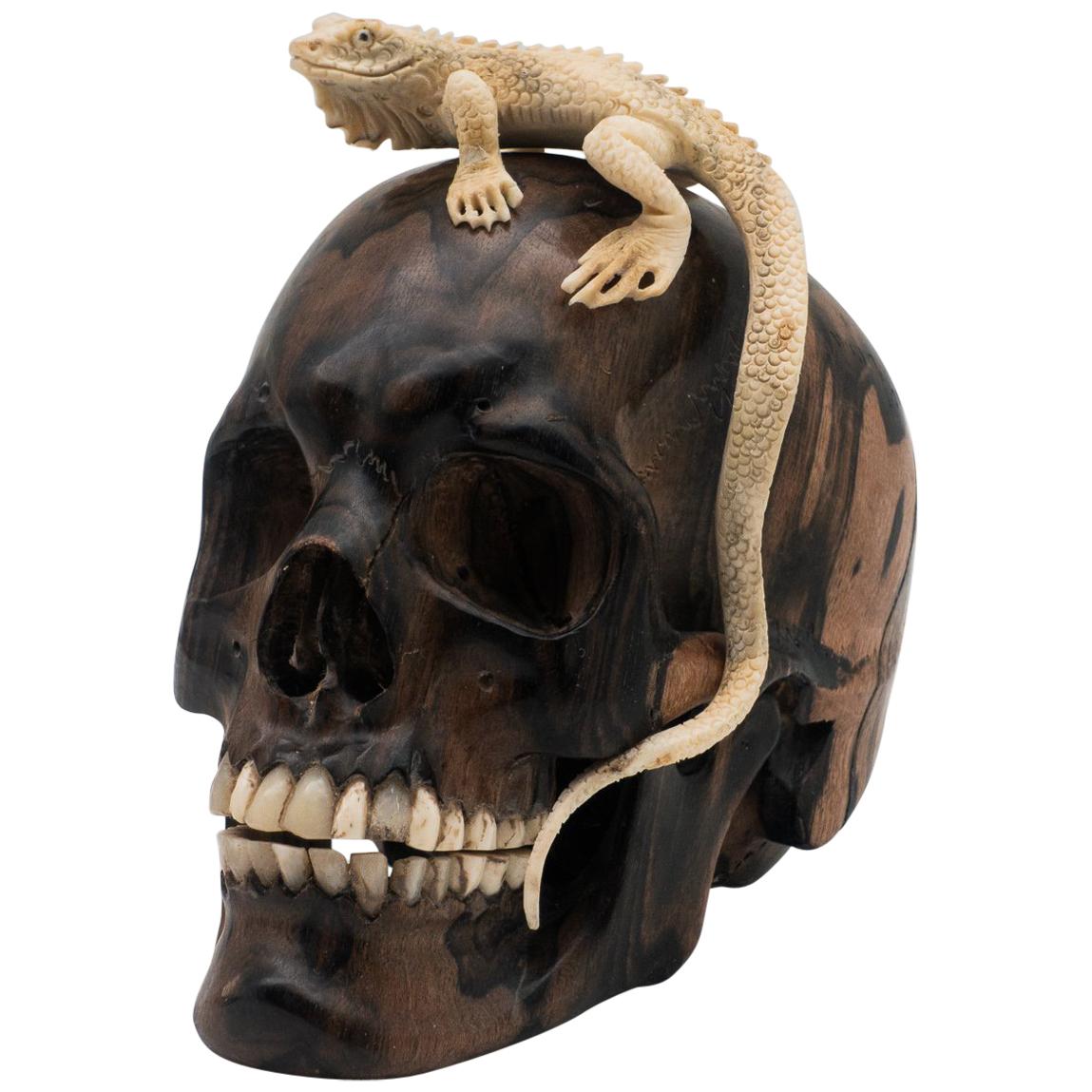 Beautifully Carved Wood and Moose Antler Skull and Lizard