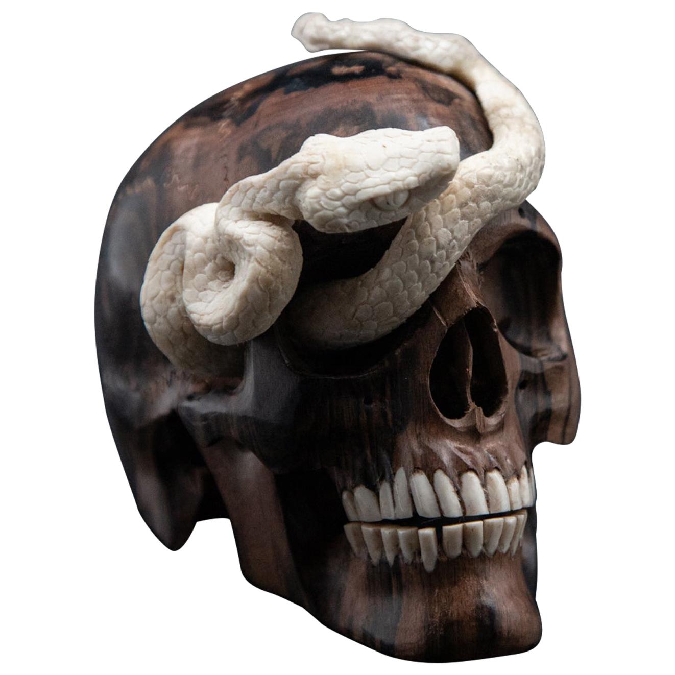 Beautifully Carved Wood and Moose Antler Skull and Snake