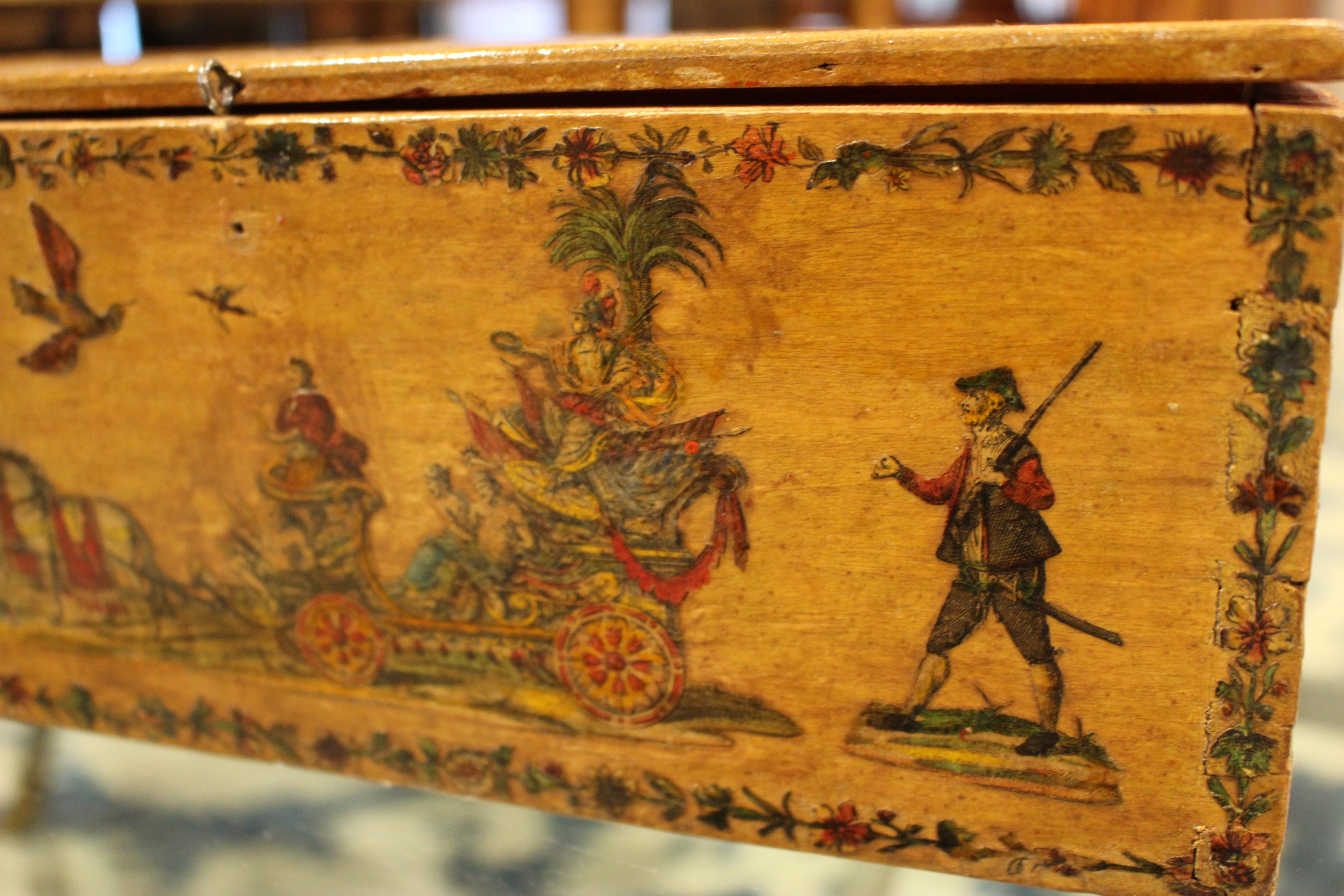 Beautifully colored decoupage box with 17th century design motif. France, Circa 19th century.