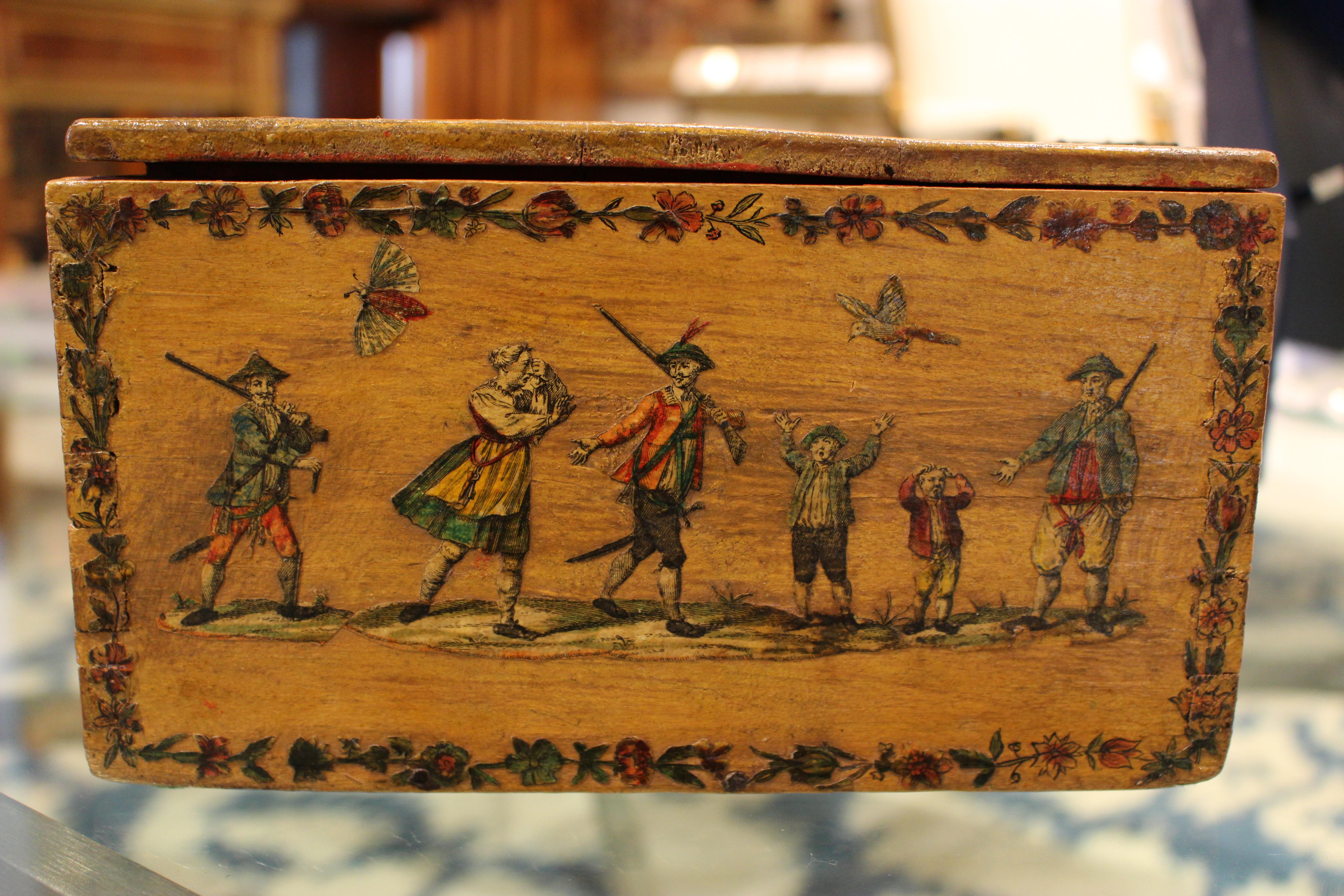 19th Century Beautifully Colored Decoupage Box with 17th Century Design Motif For Sale