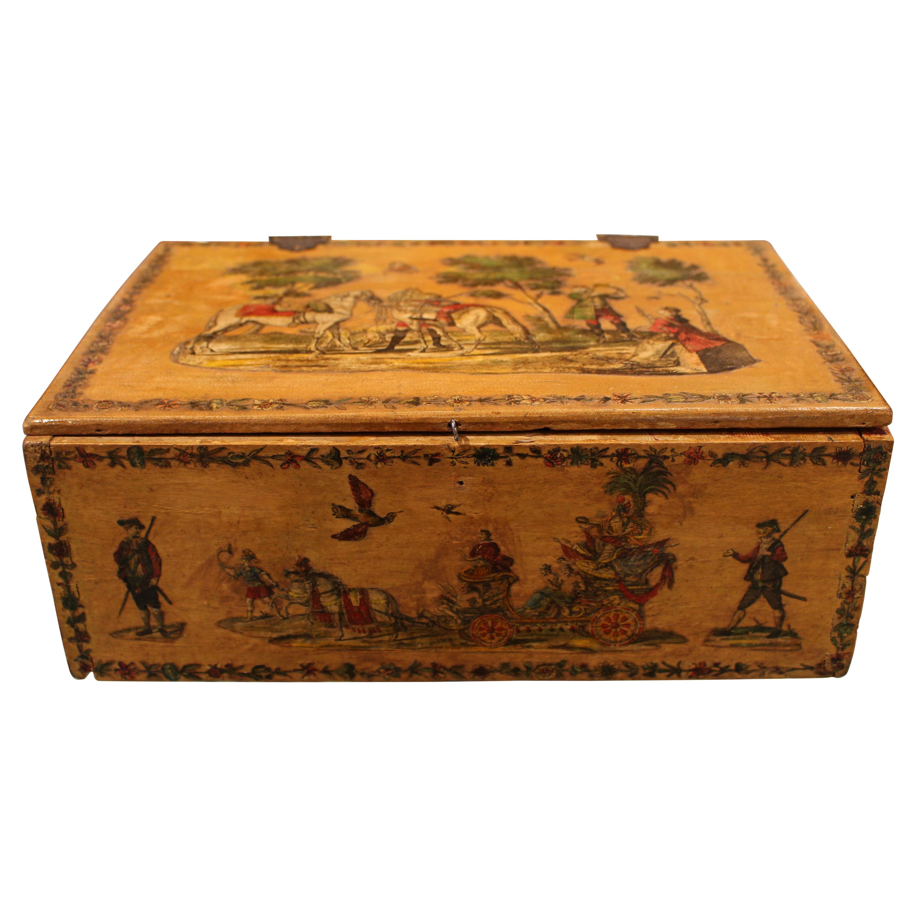 Beautifully Colored Decoupage Box with 17th Century Design Motif For Sale