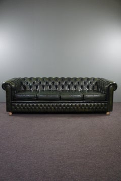 Beautifully colored spacious green cow leather Chesterfield sofa, 3.5 seater